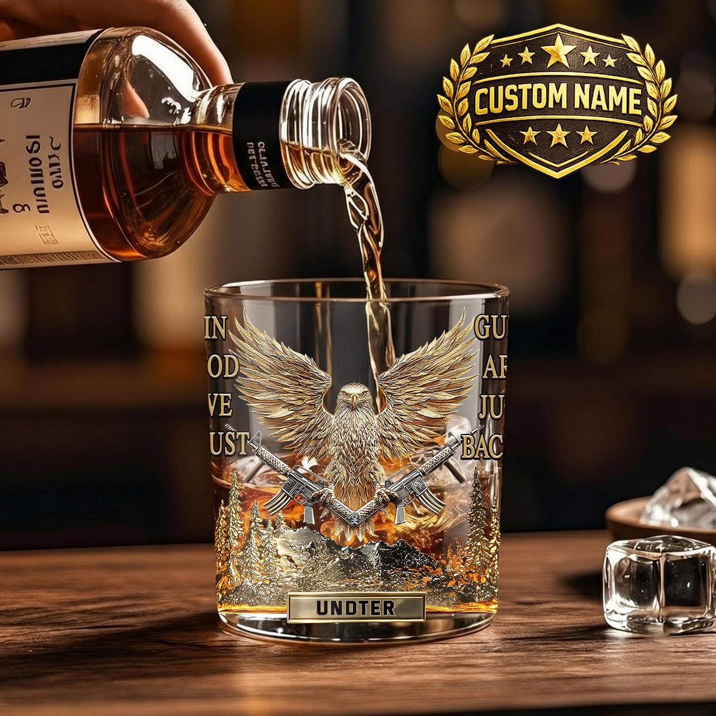 Personalized Patriotic Whiskey Glass - Custom Eagle & Guns Gift