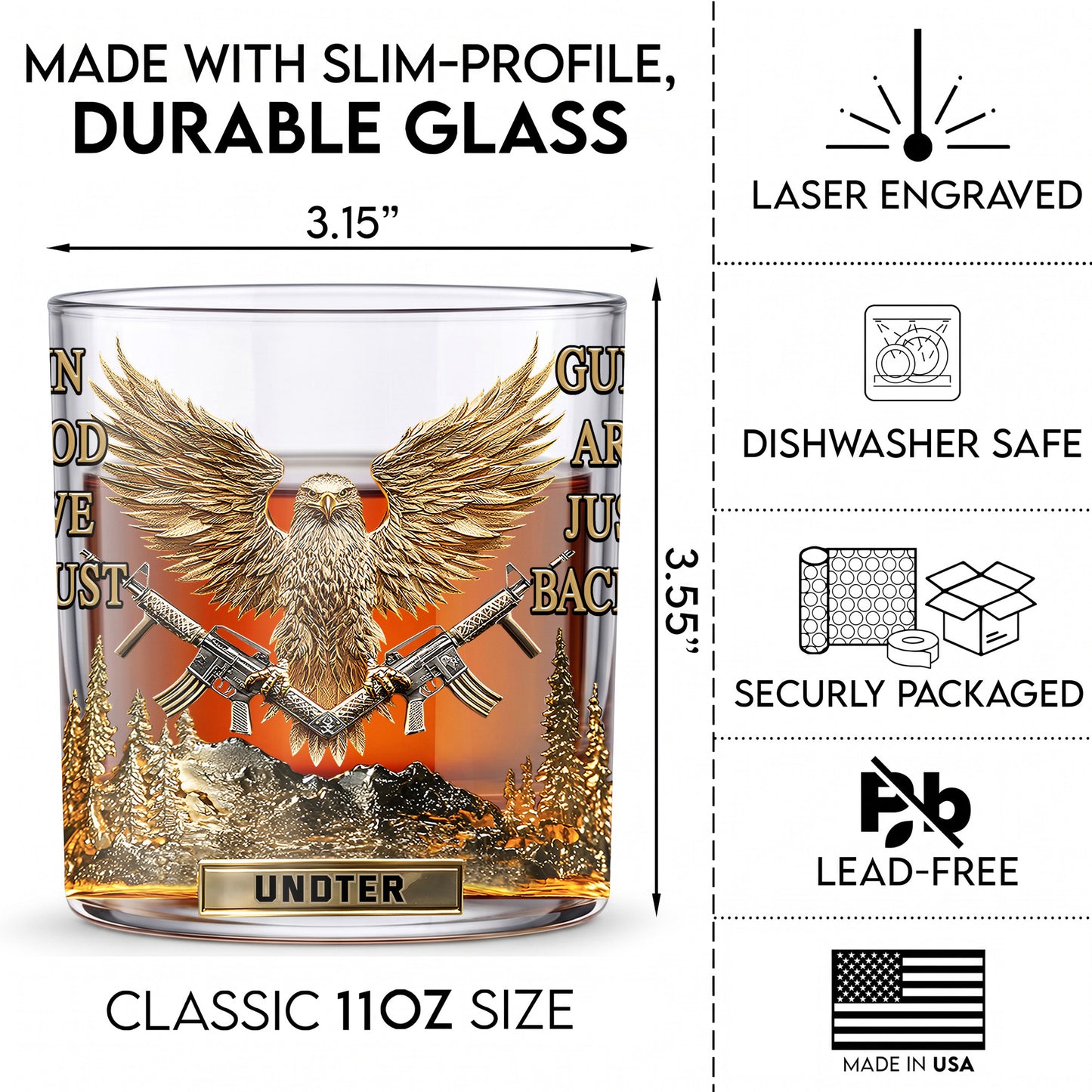 Personalized Patriotic Whiskey Glass - Custom Eagle & Guns Gift