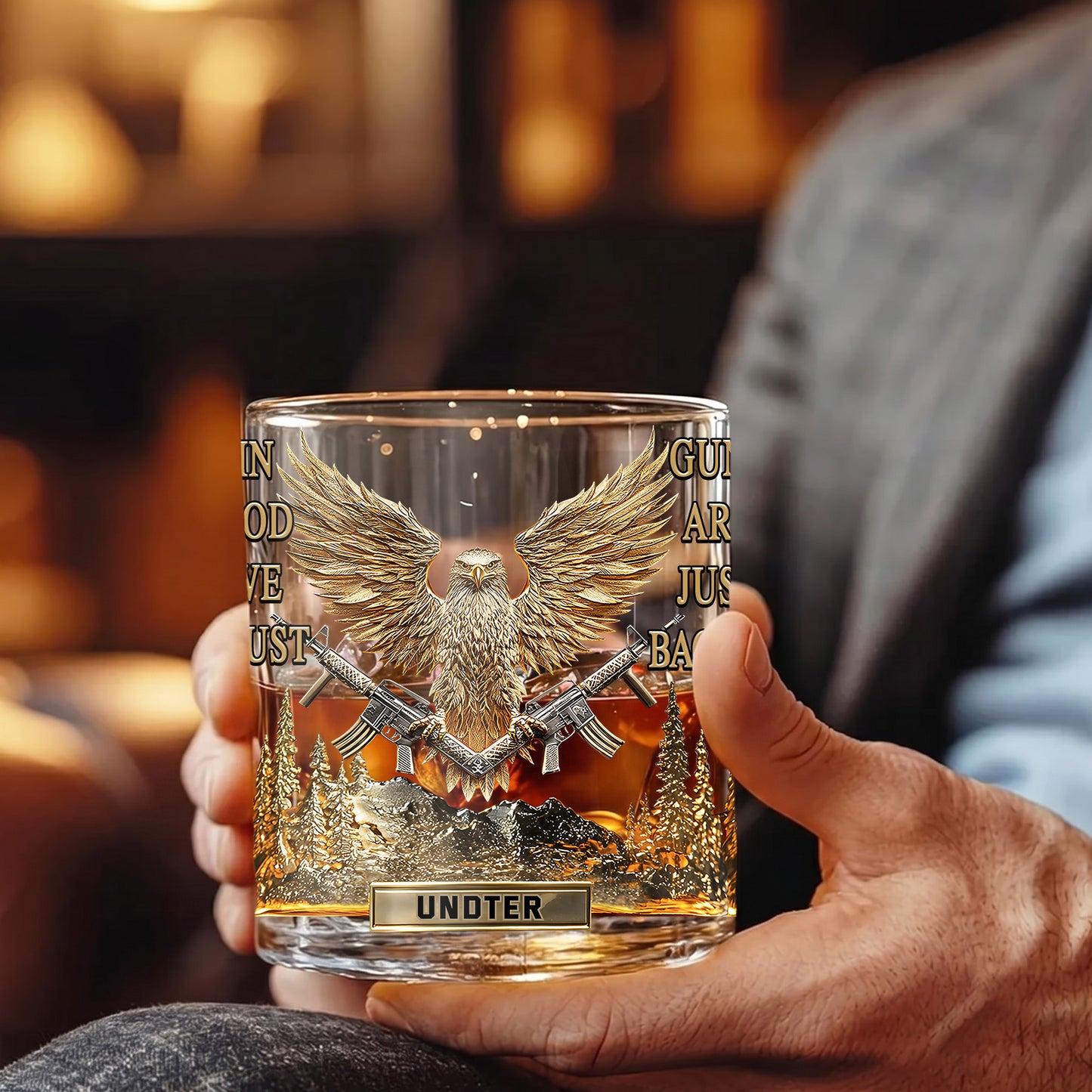 Personalized Patriotic Whiskey Glass - Custom Eagle & Guns Gift