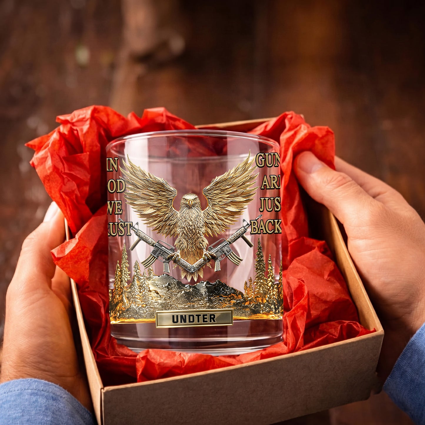 Personalized Patriotic Whiskey Glass - Custom Eagle & Guns Gift