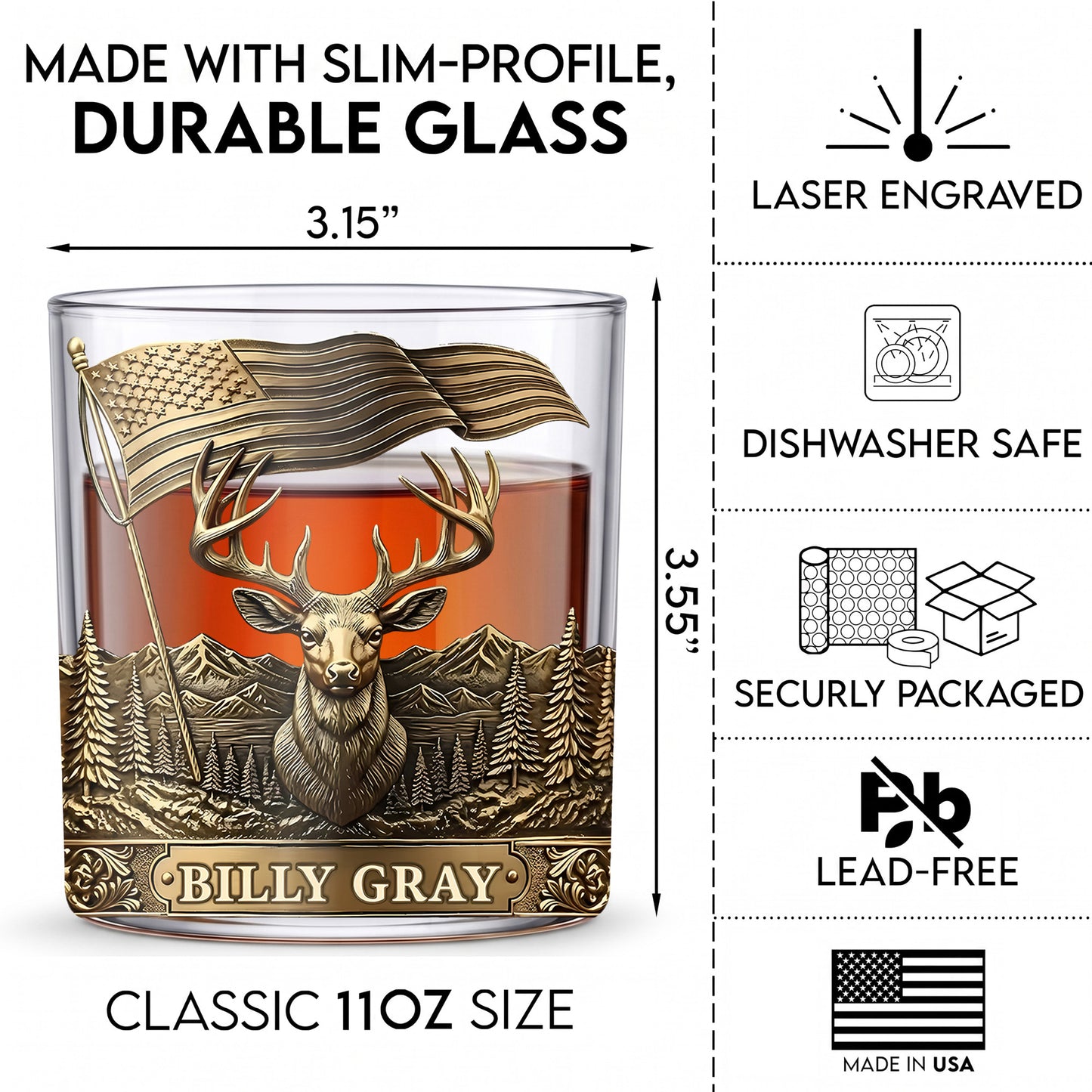 Personalized Deer Whiskey Glass - Custom Hunter & Patriot Gift