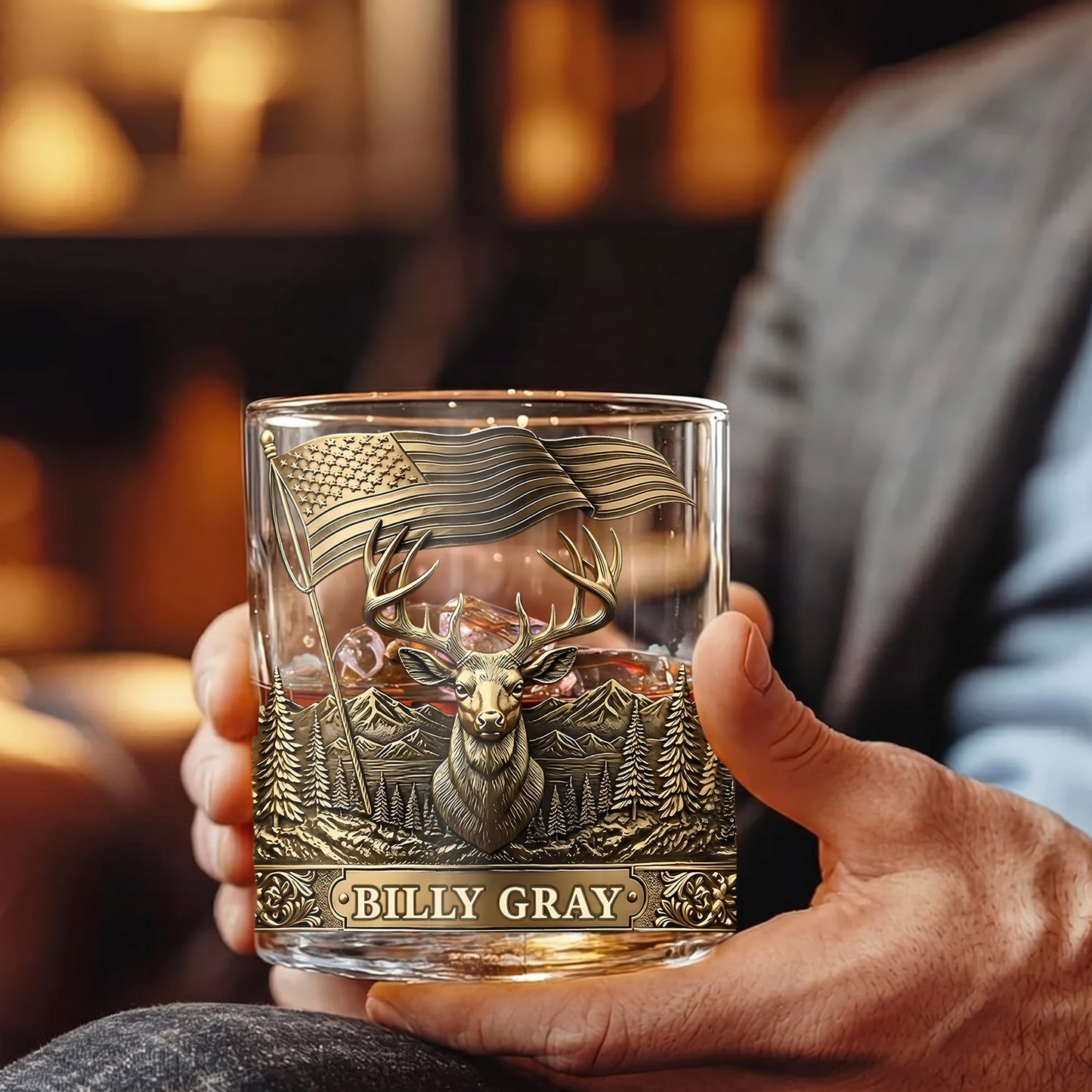Personalized Deer Whiskey Glass - Custom Hunter & Patriot Gift