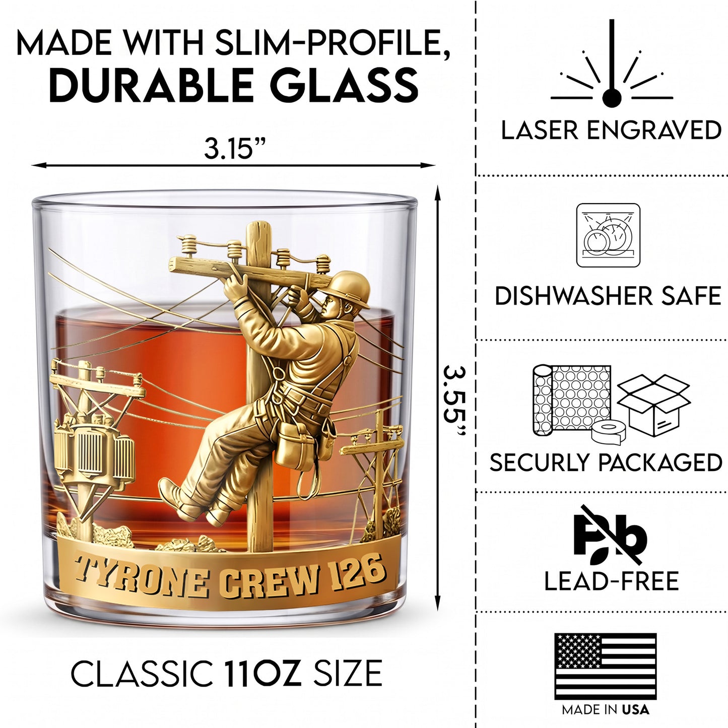 Personalized Lineman Whiskey Glass - Custom Utility Worker Gift