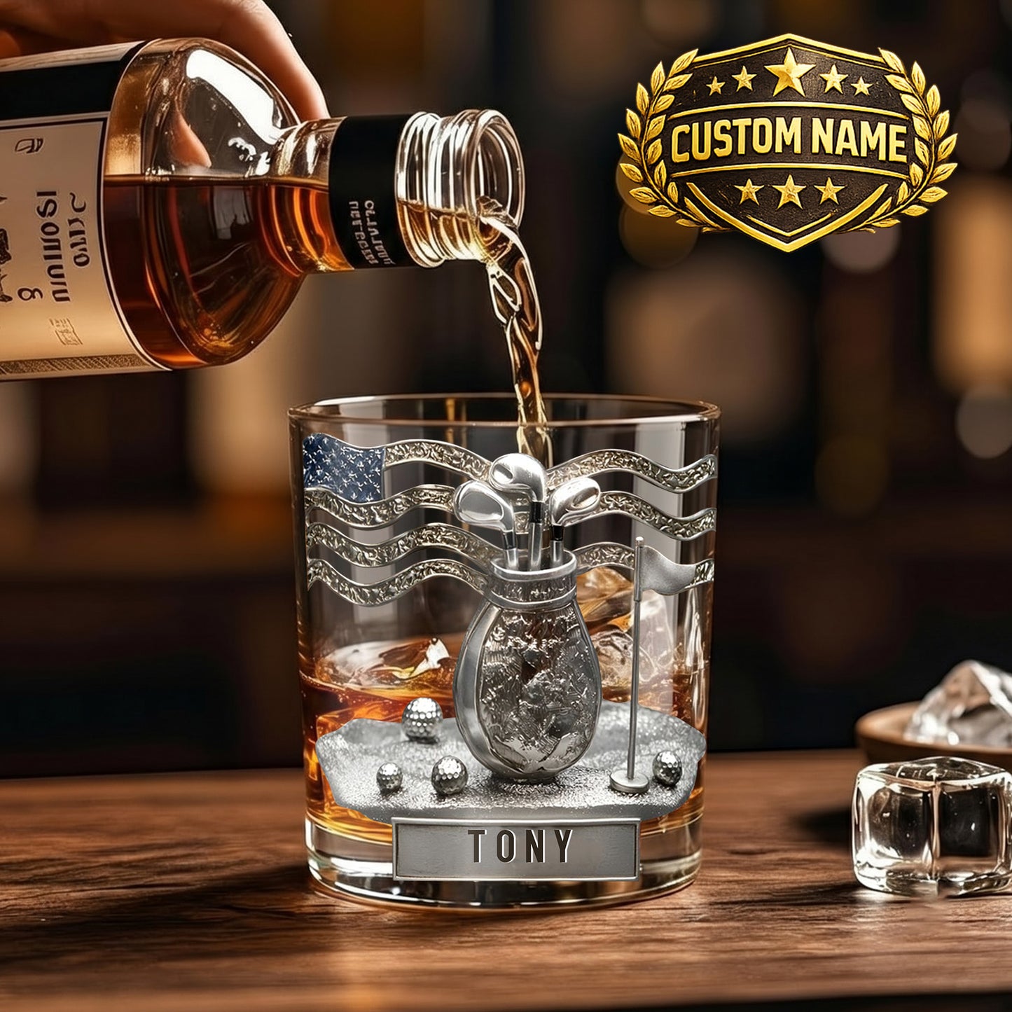Personalized Golf Whiskey Glass - Custom Golfer & Patriot Gift