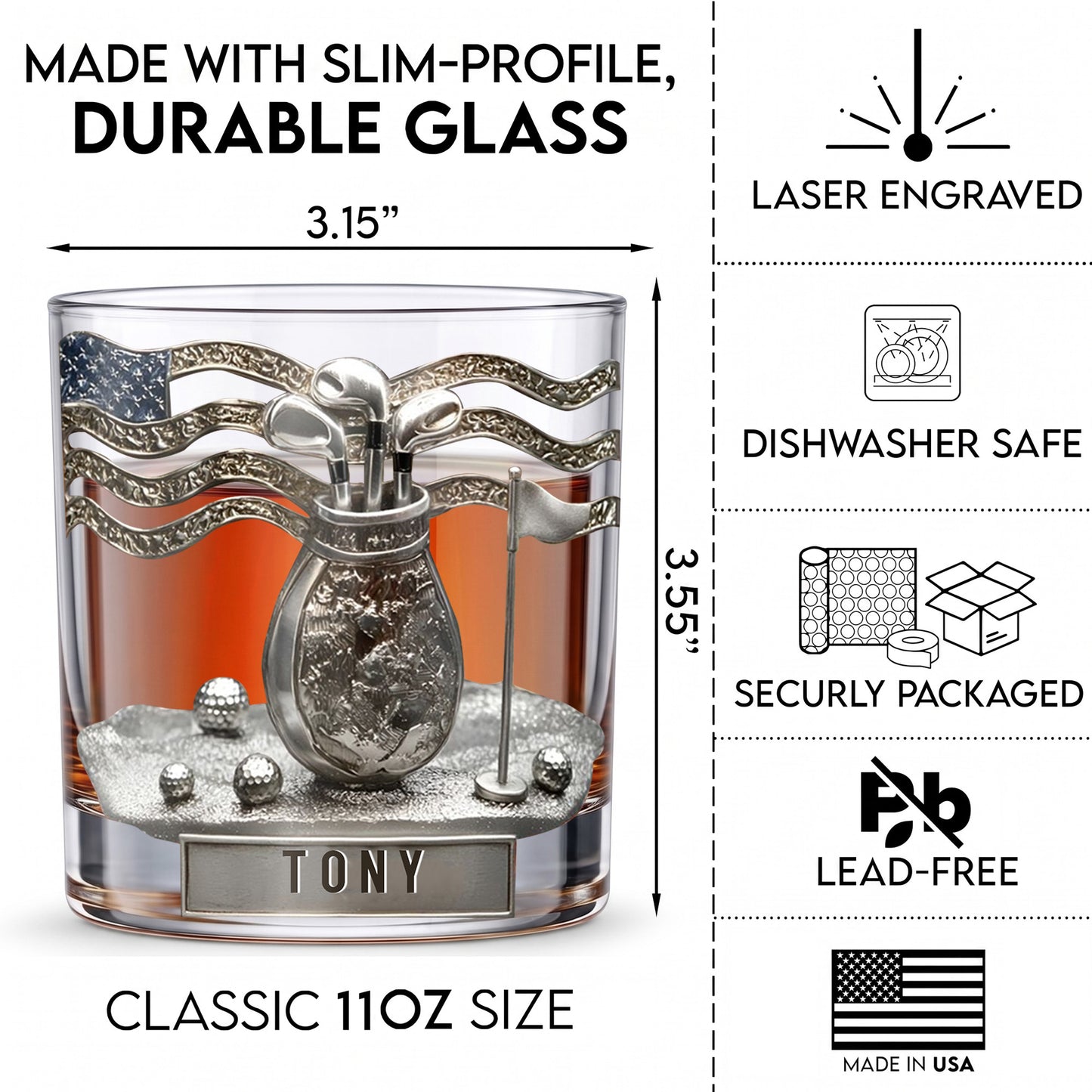 Personalized Golf Whiskey Glass - Custom Golfer & Patriot Gift