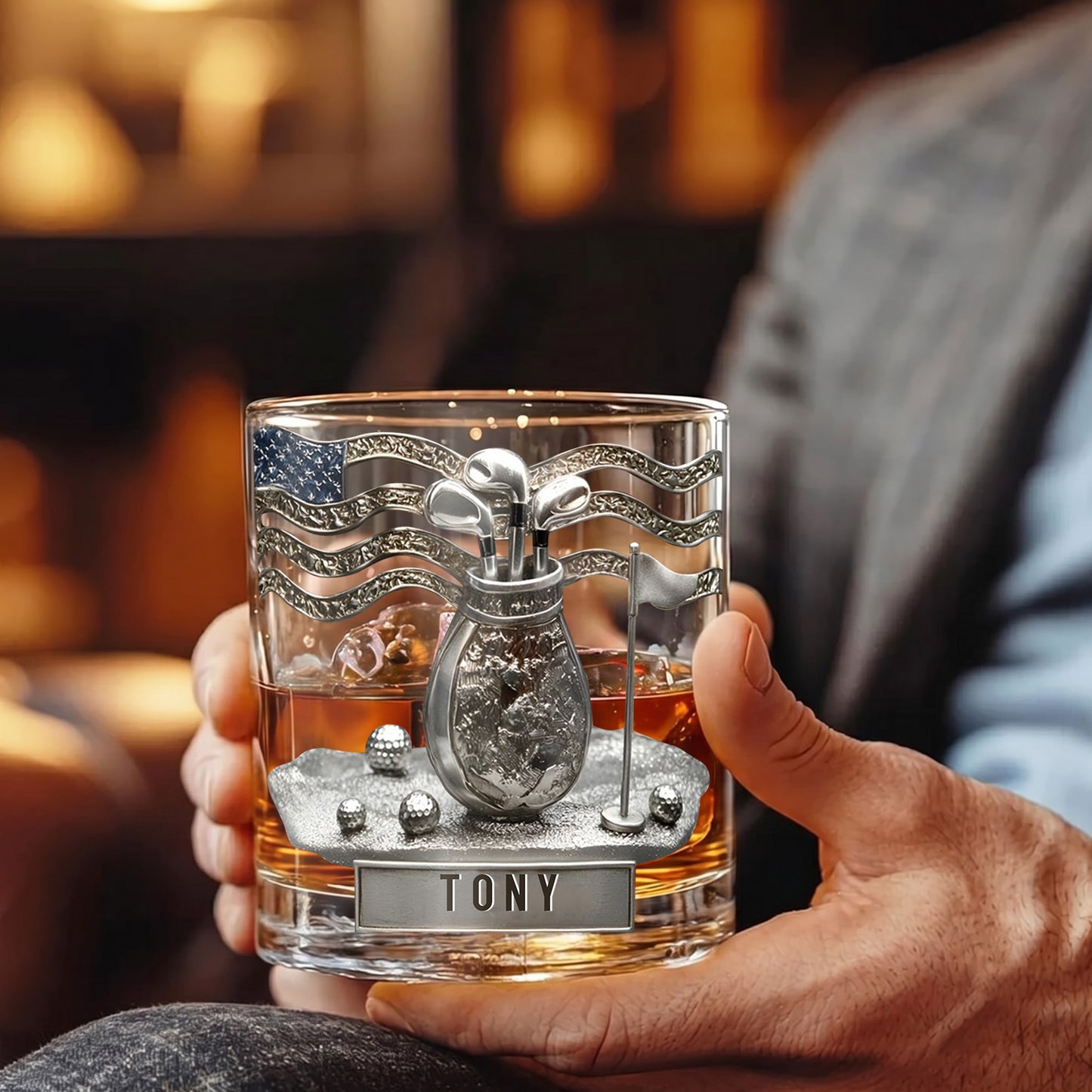 Personalized Golf Whiskey Glass - Custom Golfer & Patriot Gift