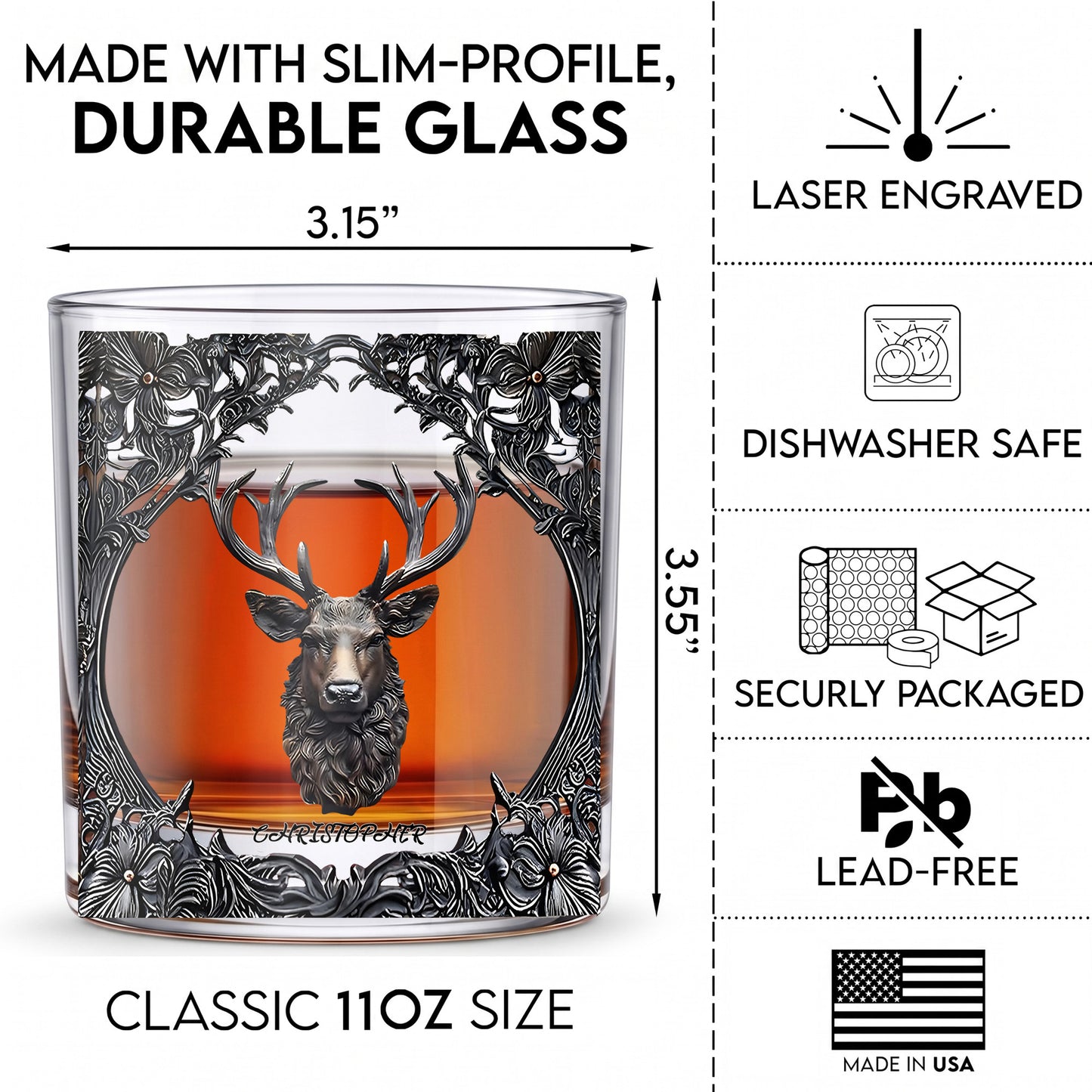 Personalized Deer Whiskey Glass - Custom Hunter & Gothic Gift