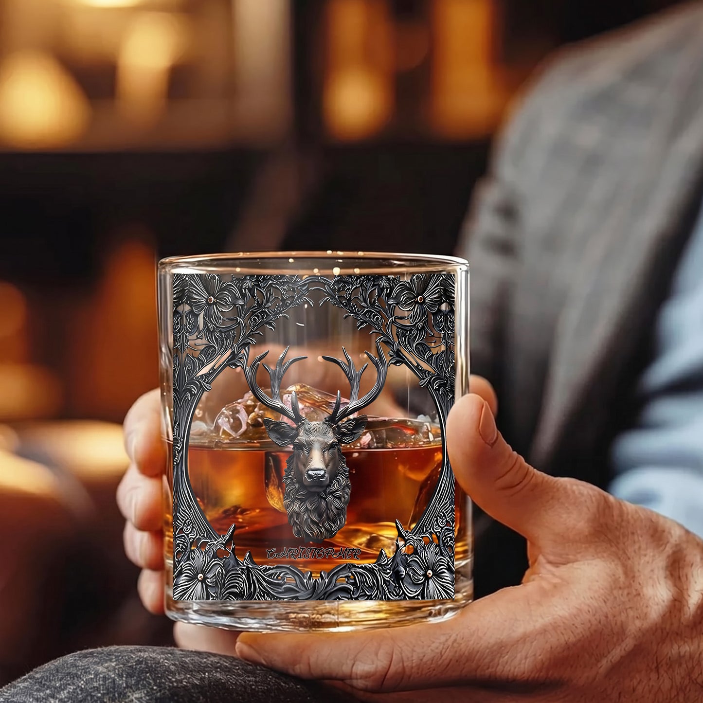 Personalized Deer Whiskey Glass - Custom Hunter & Gothic Gift