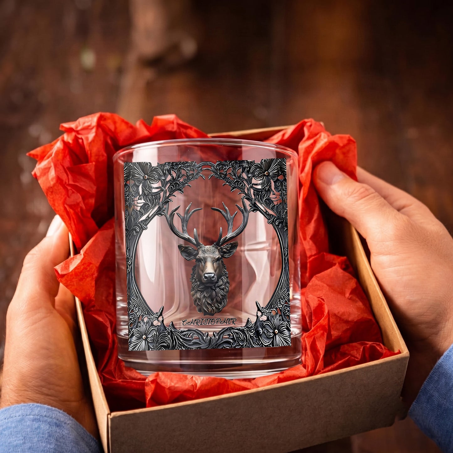 Personalized Deer Whiskey Glass - Custom Hunter & Gothic Gift