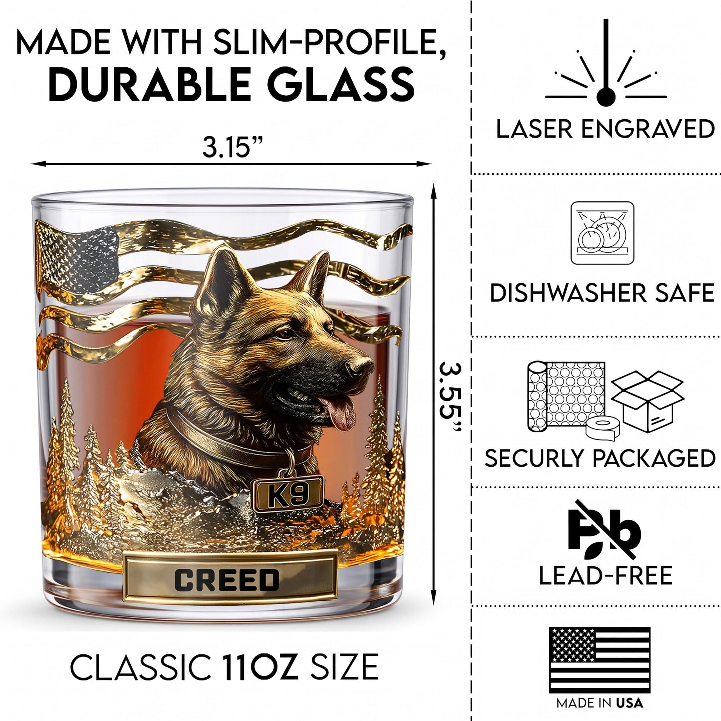Personalized German Shepherd Whiskey Glass - Custom Dog Lover Gift