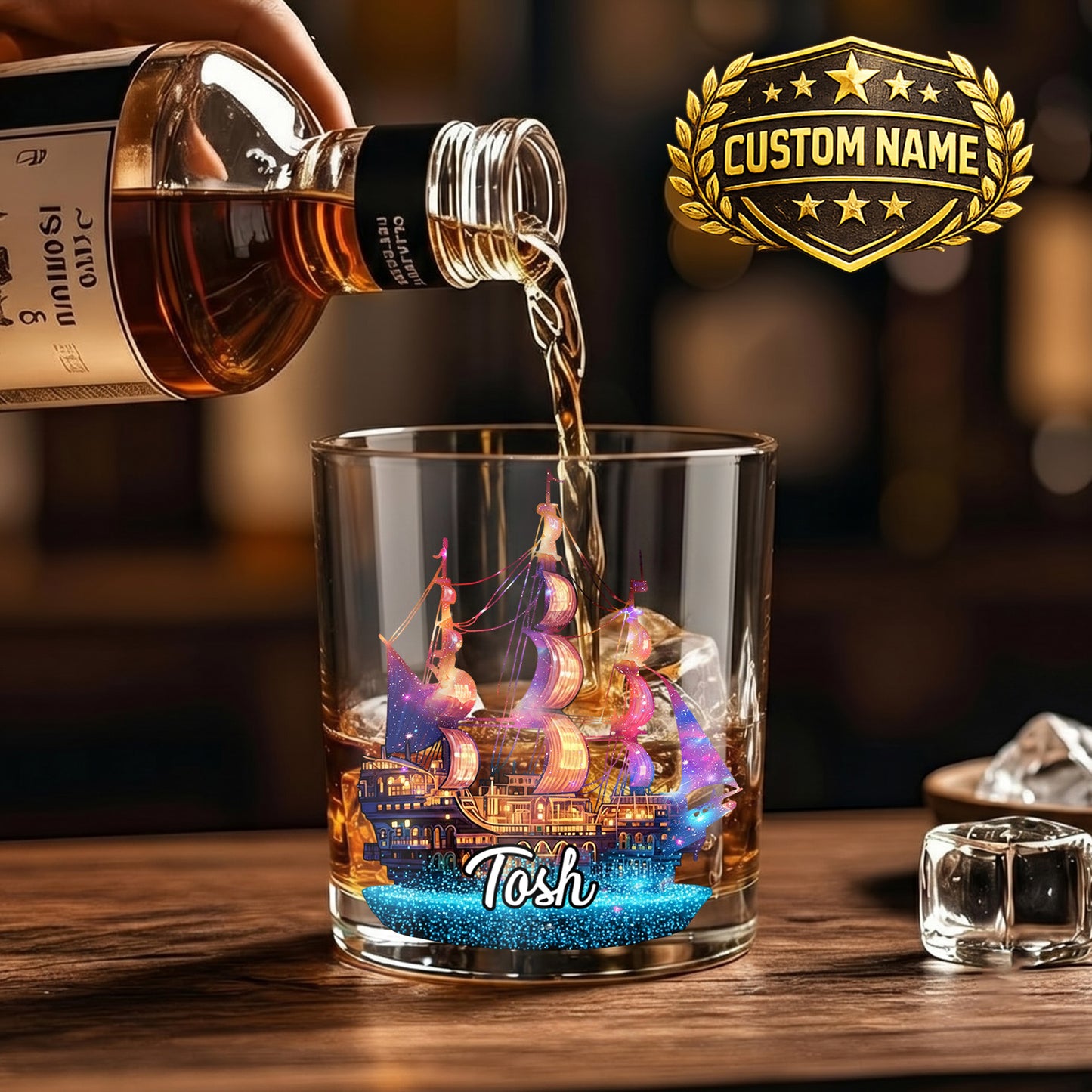 Personalized Pirate Ship Whiskey Glass - Custom Sailor Gift