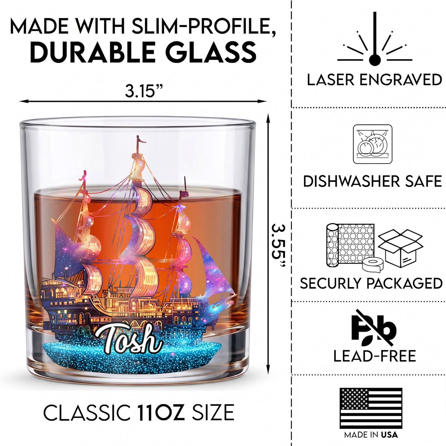 Personalized Pirate Ship Whiskey Glass - Custom Sailor Gift