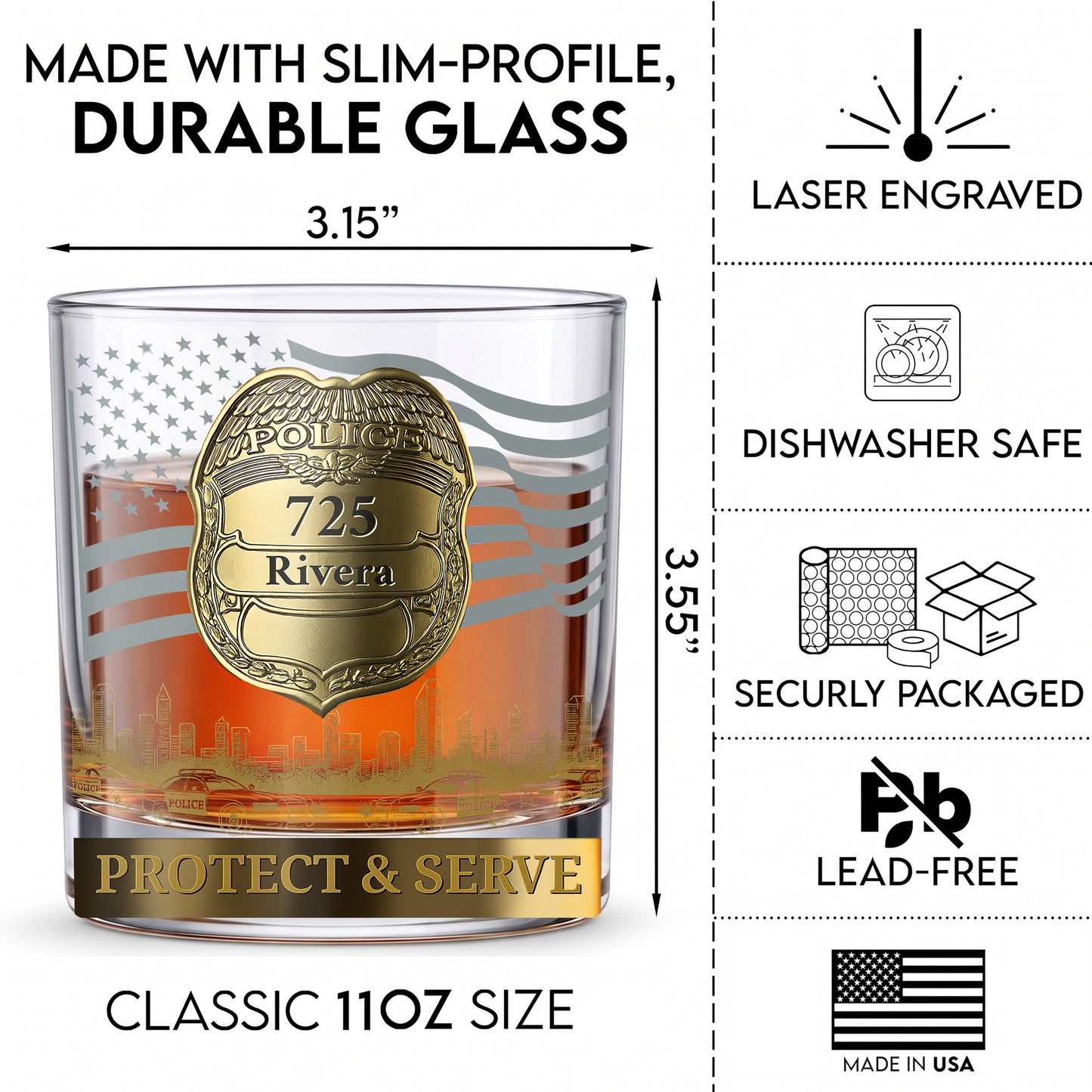 Personalized Police Officer Whiskey Glass - Custom Law Enforcement Gift