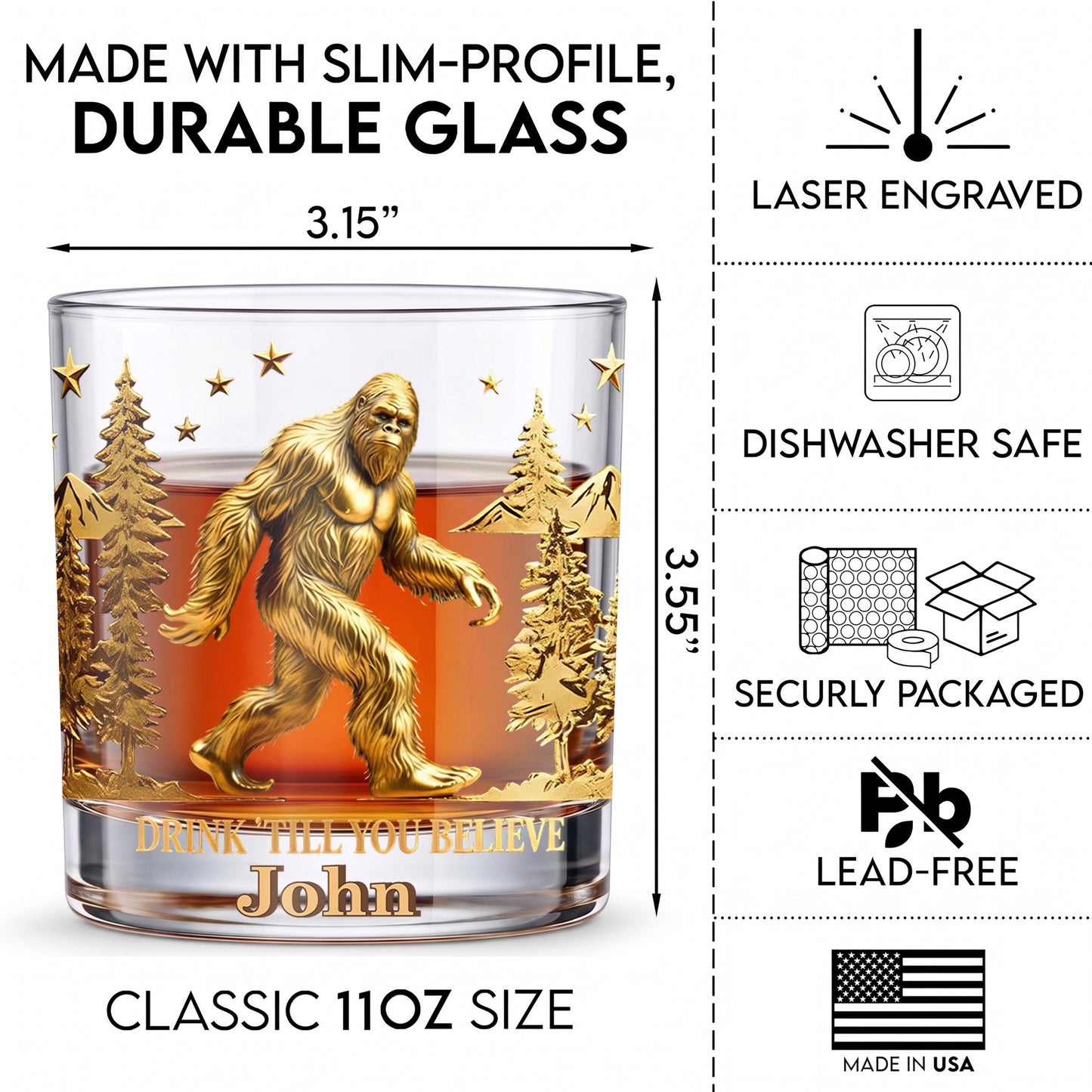 Personalized Bigfoot Whiskey Glass - Custom Sasquatch Gift