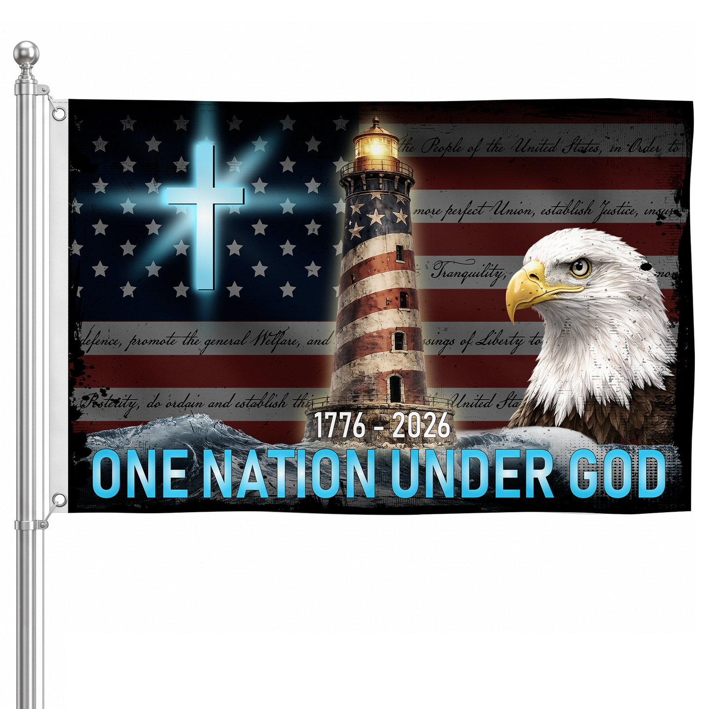 Happy 250th Birthday America | One Nation Under God Lighthouse Flag