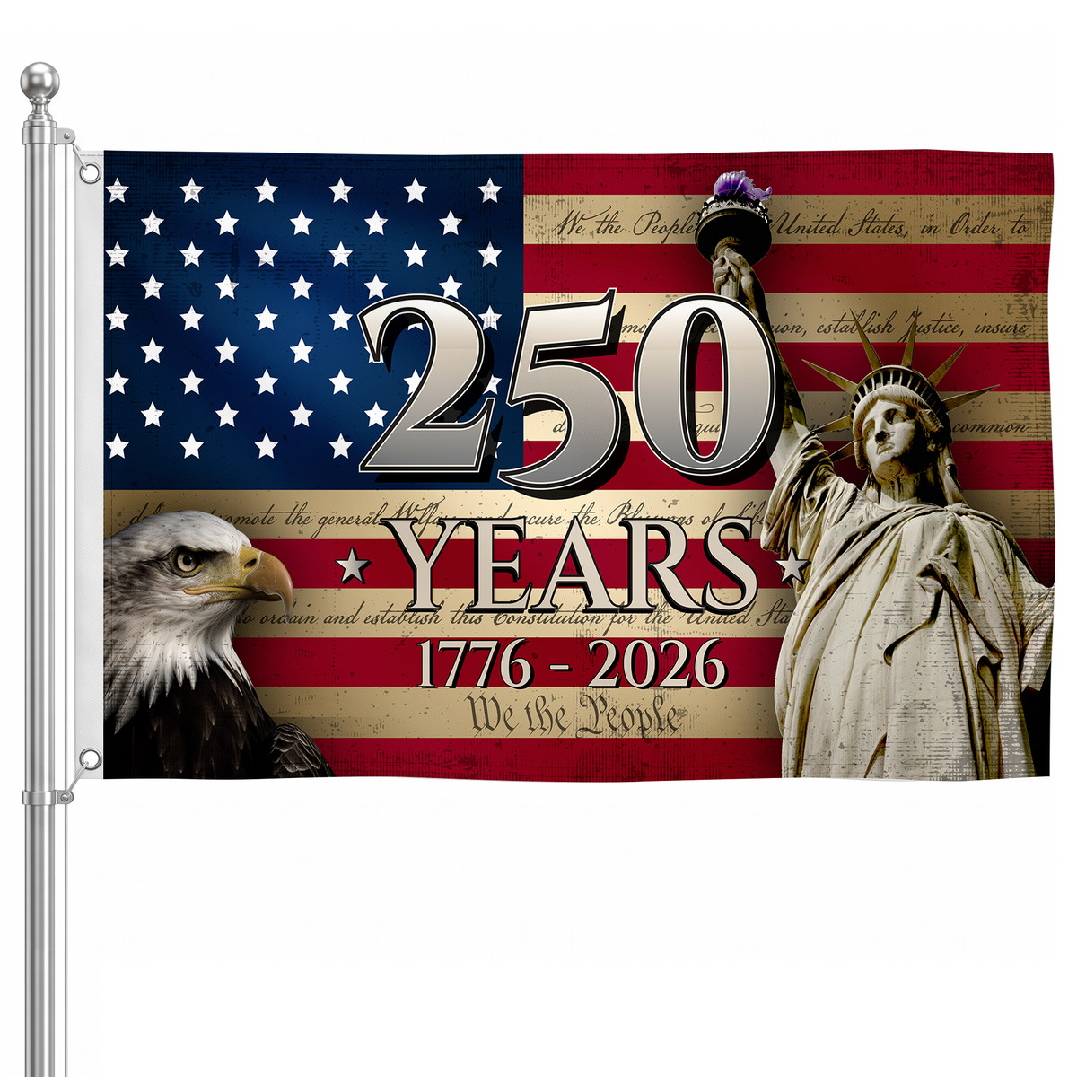 America 250 Years Flag 1776-2026 | Bald Eagle & Statue of Liberty