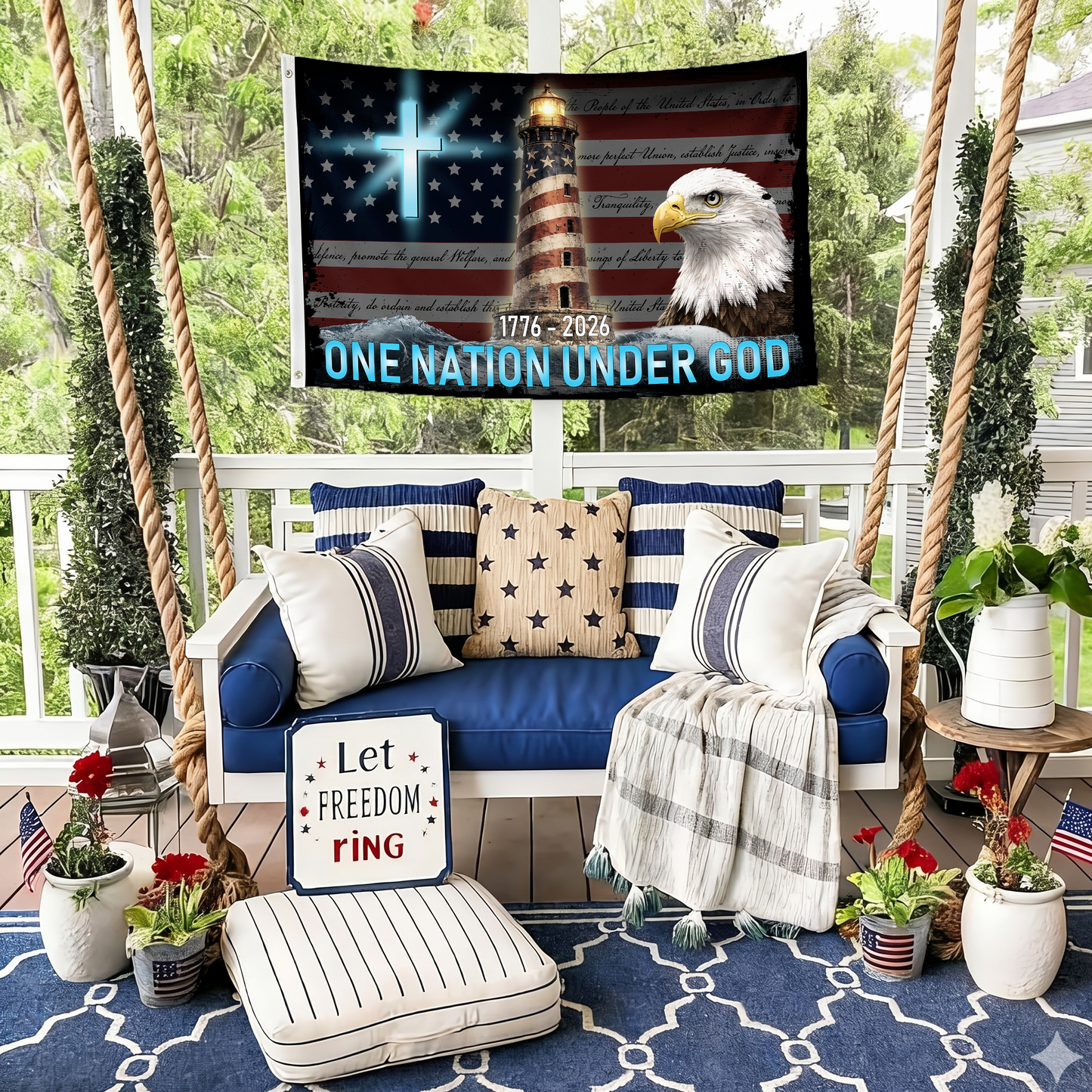 Happy 250th Birthday America | One Nation Under God Lighthouse Flag