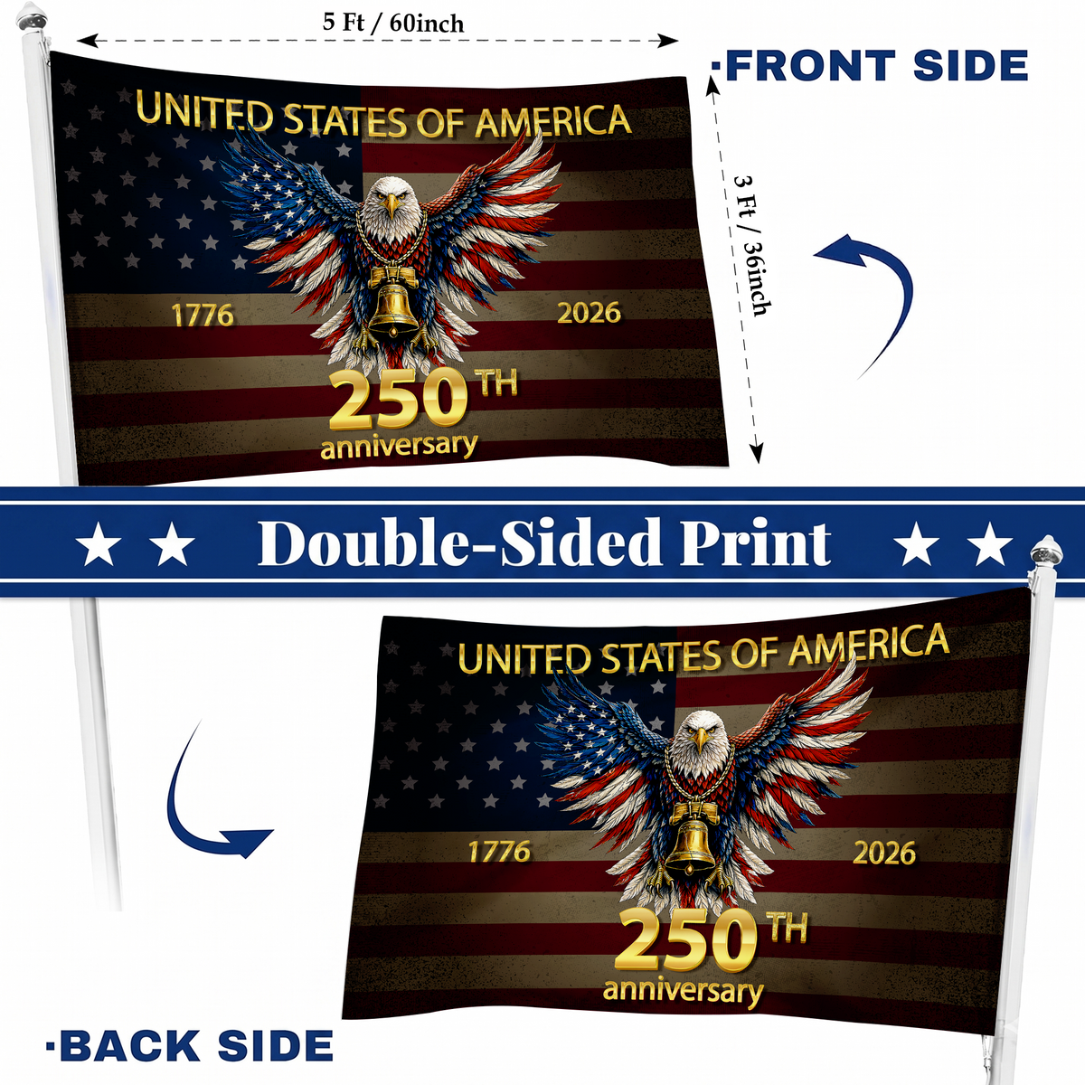 Happy 250th Birthday United States | 1776-2026 Eagle & Liberty Bell Flag