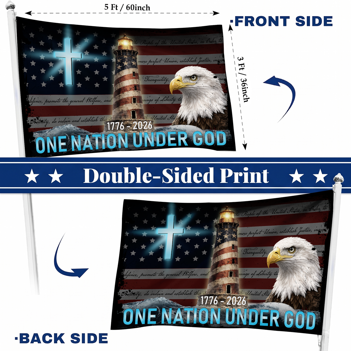 Happy 250th Birthday America | One Nation Under God Lighthouse Flag