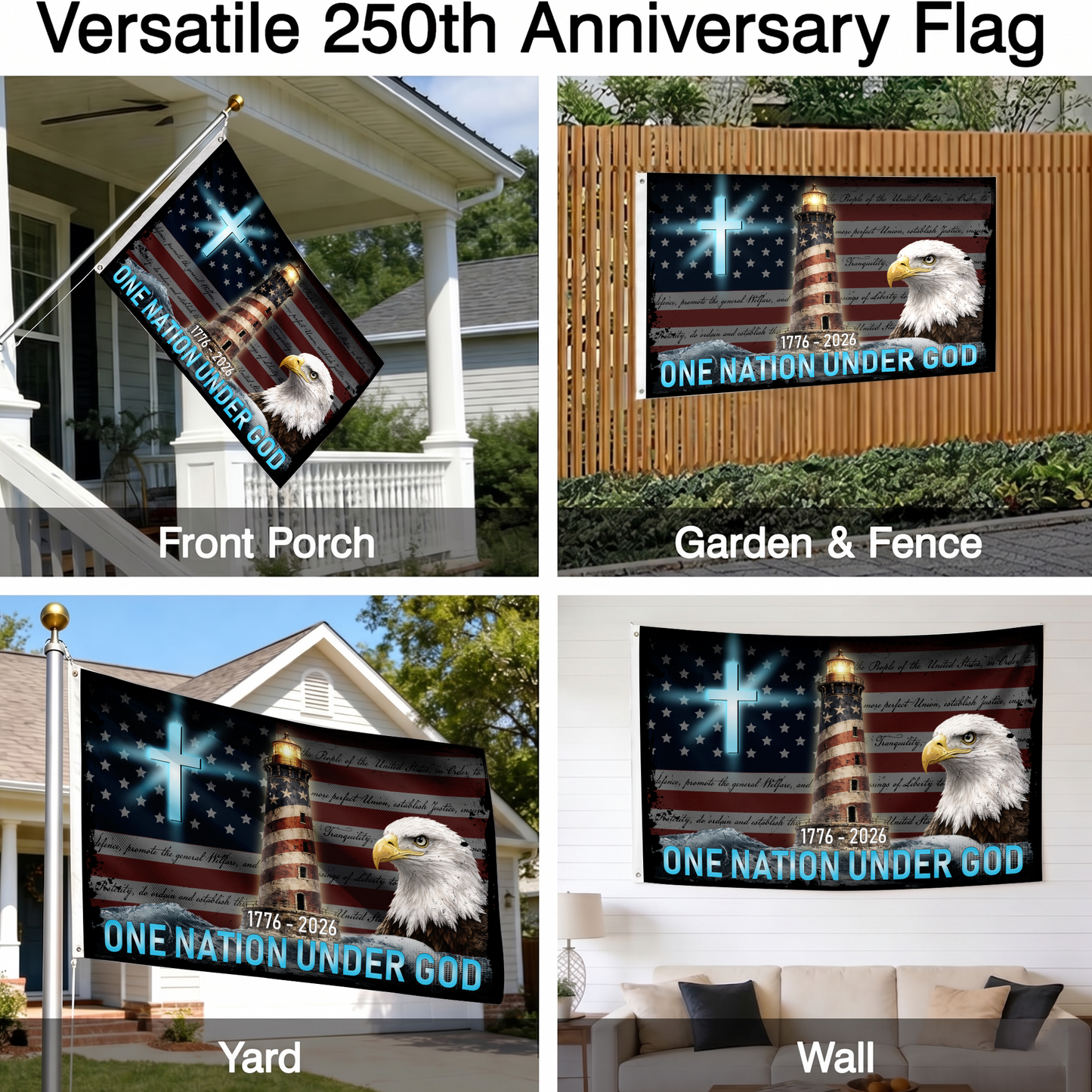 Happy 250th Birthday America | One Nation Under God Lighthouse Flag