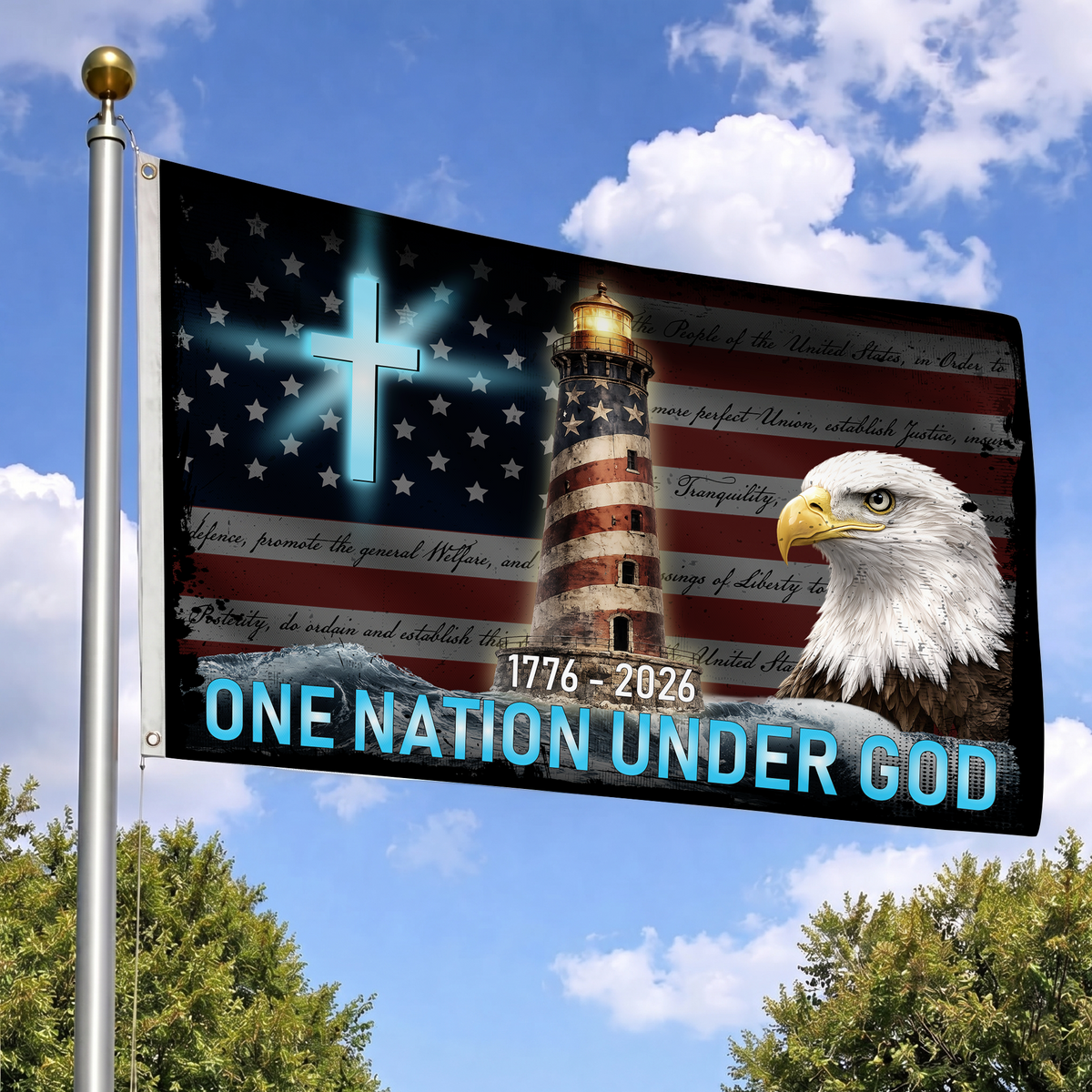 Happy 250th Birthday America | One Nation Under God Lighthouse Flag