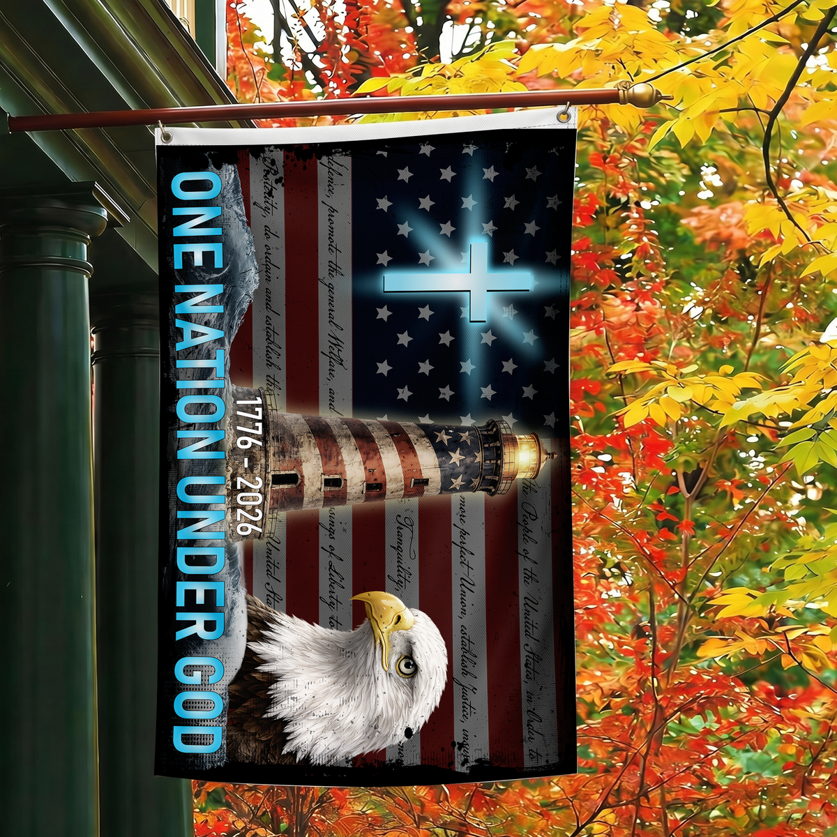 Happy 250th Birthday America | One Nation Under God Lighthouse Flag