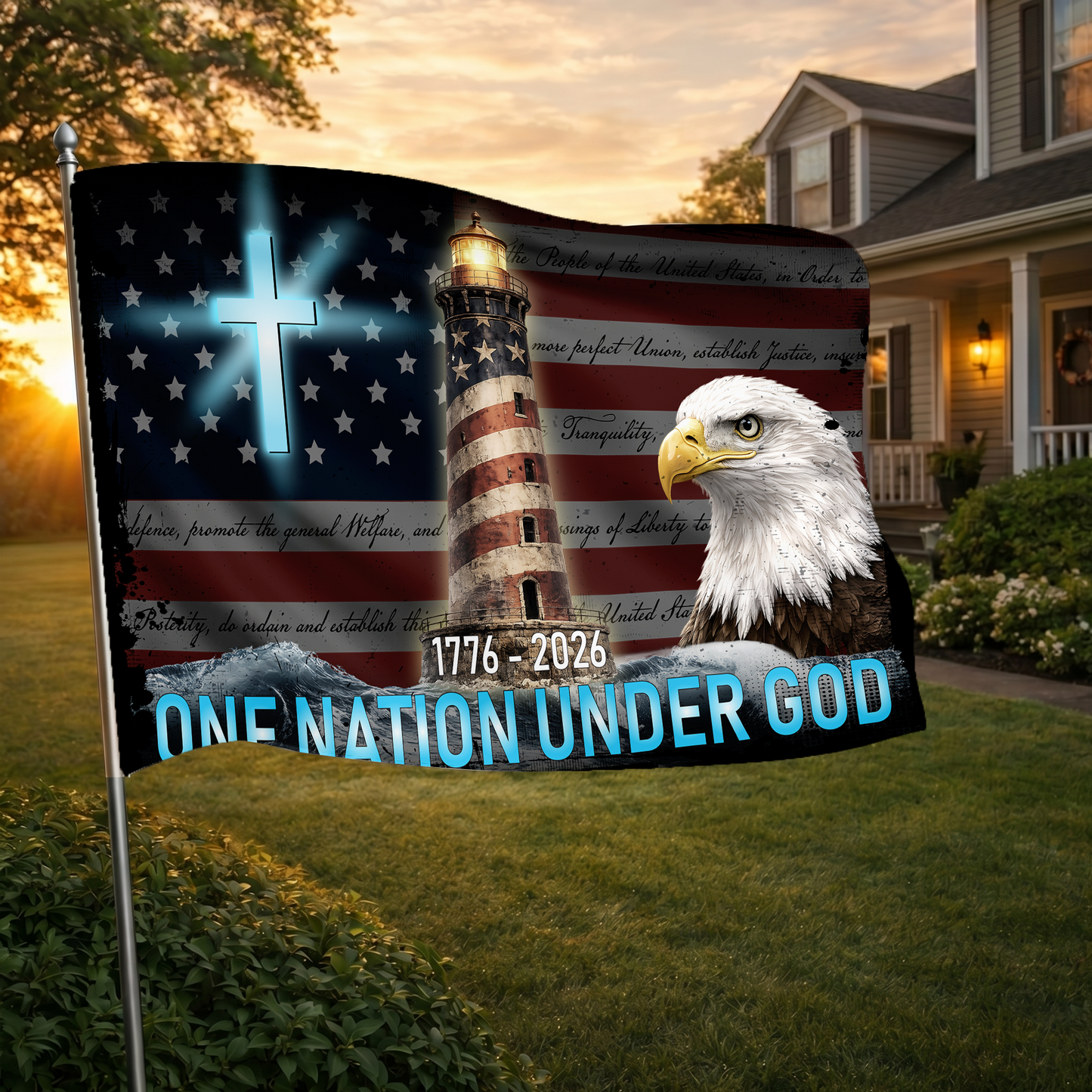 Happy 250th Birthday America | One Nation Under God Lighthouse Flag