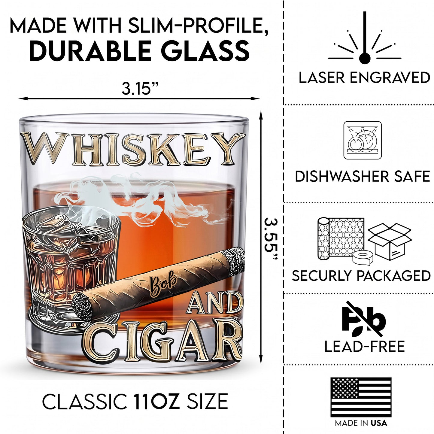 Personalized Cigar Whiskey Glass - Custom Bourbon & Smoker Gift