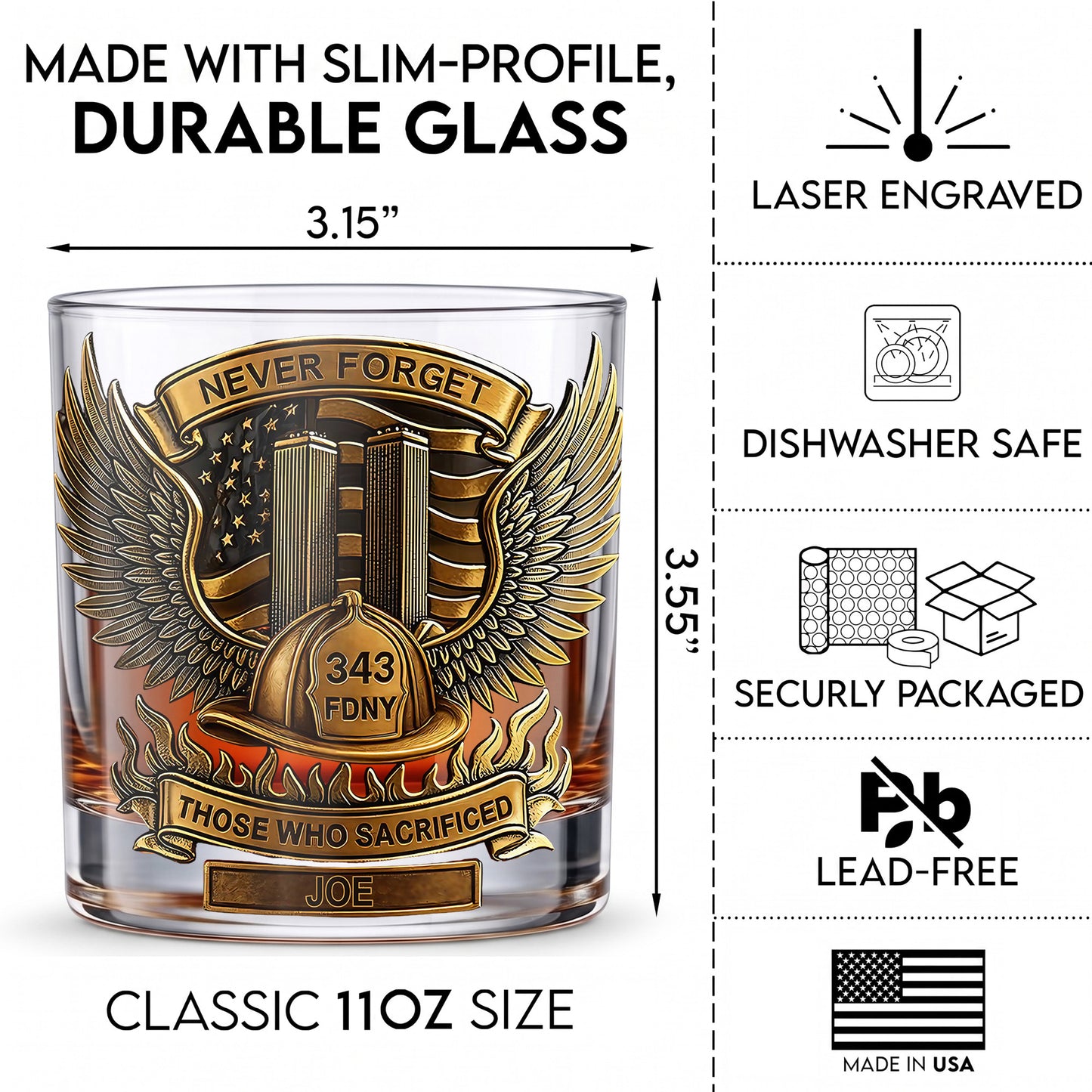 Personalized Firefighter Whiskey Glass - Custom FDNY Memorial Gift