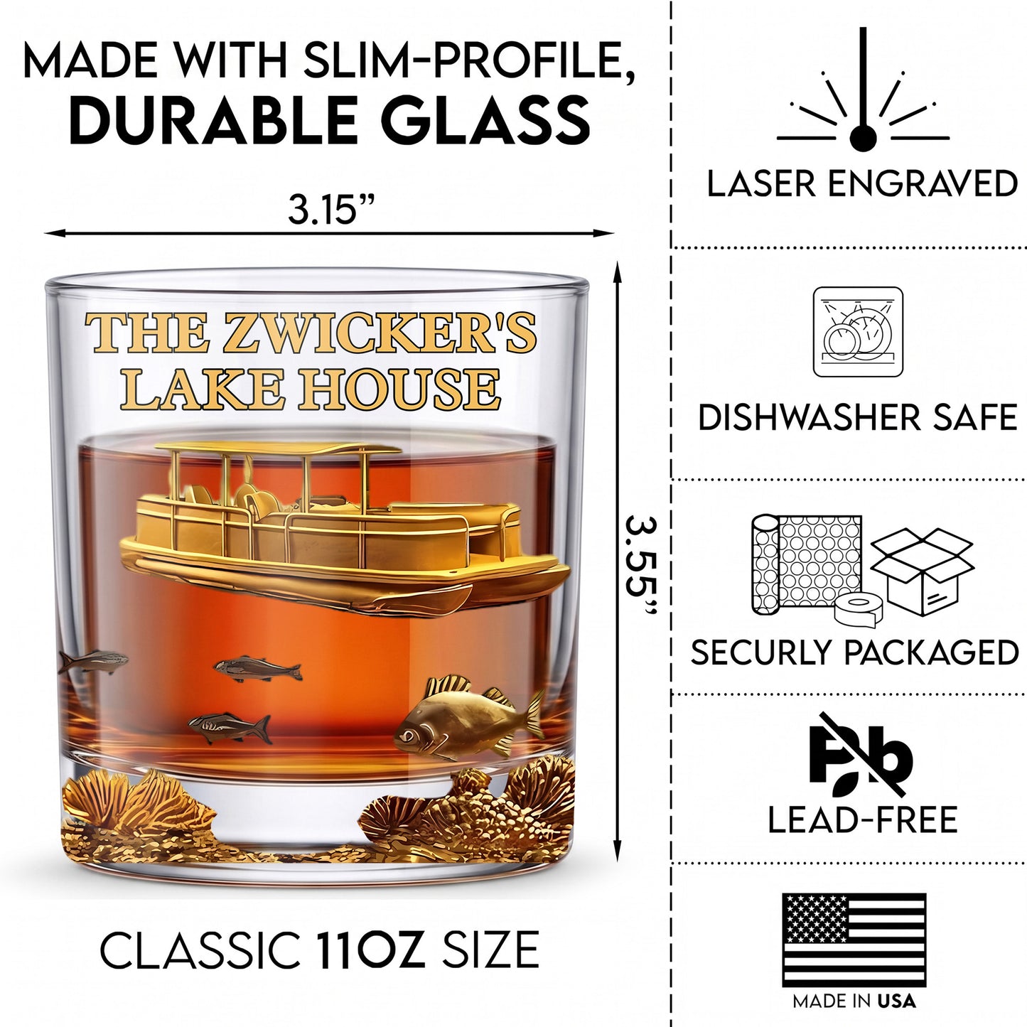 Personalized Pontoon Lake House Whiskey Glass - Custom Boater Gift