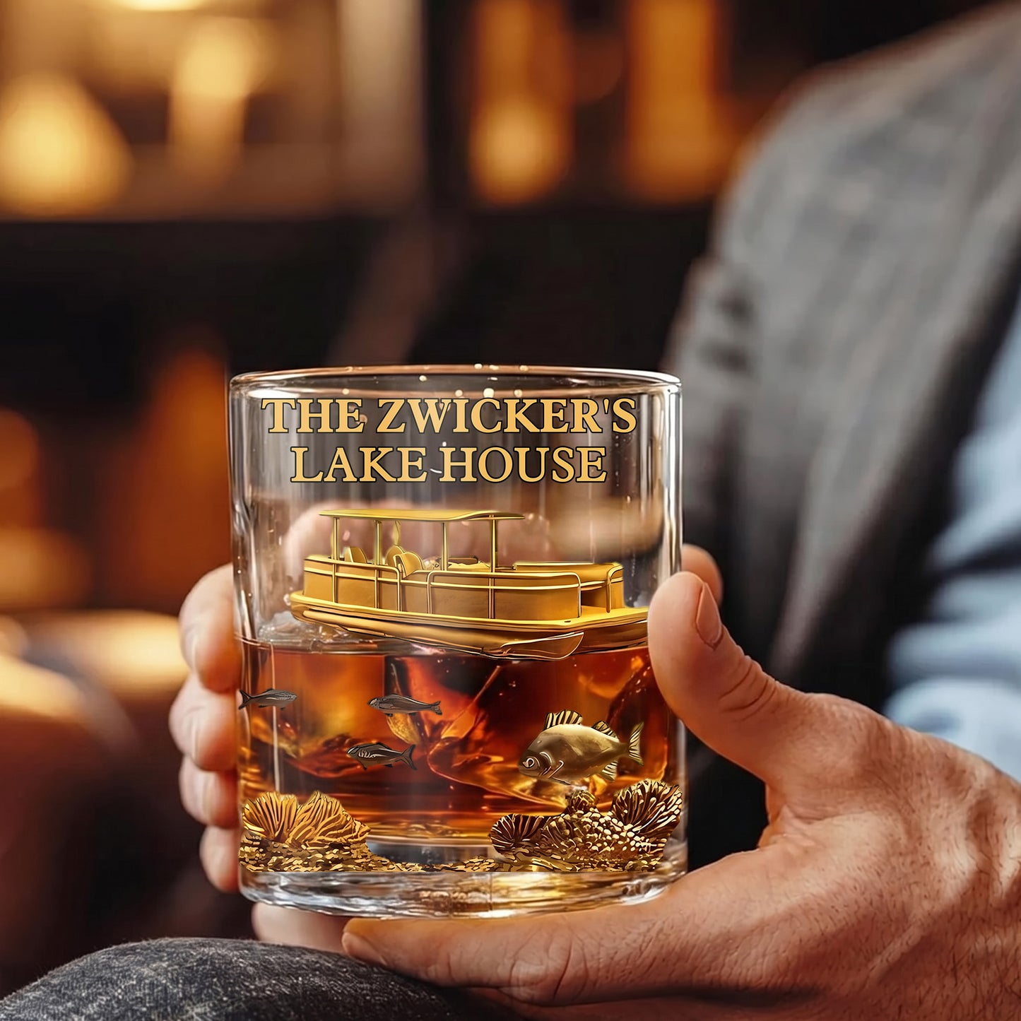 Personalized Pontoon Lake House Whiskey Glass - Custom Boater Gift