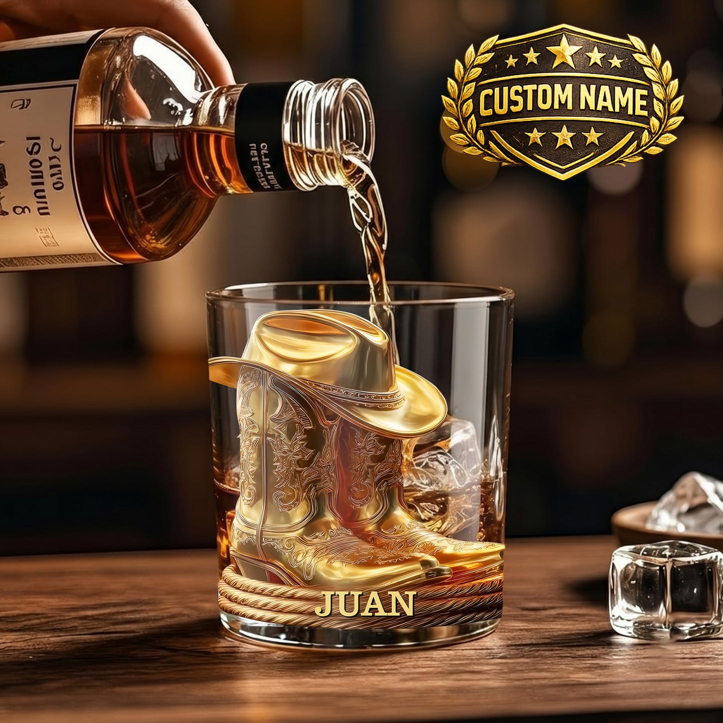 Personalized Cowboy Whiskey Glass - Western Boots Barware Gift