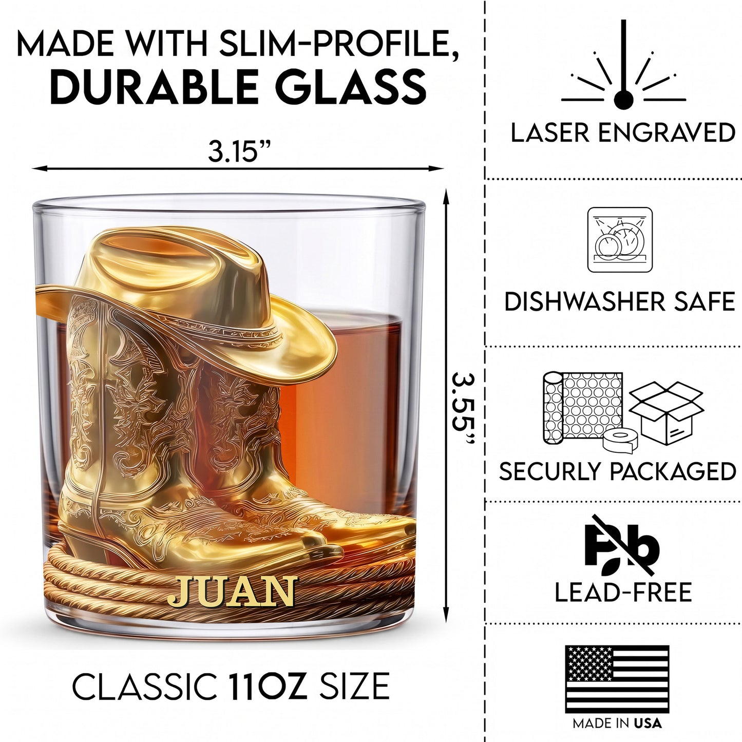 Personalized Cowboy Whiskey Glass - Western Boots Barware Gift