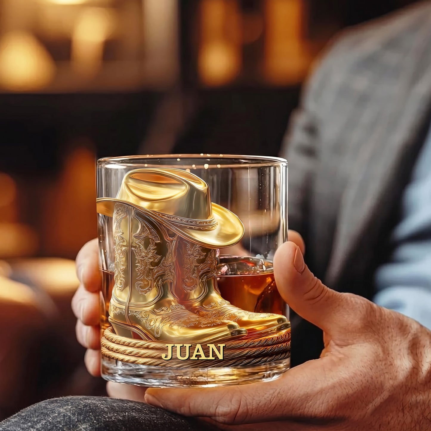 Personalized Cowboy Whiskey Glass - Western Boots Barware Gift