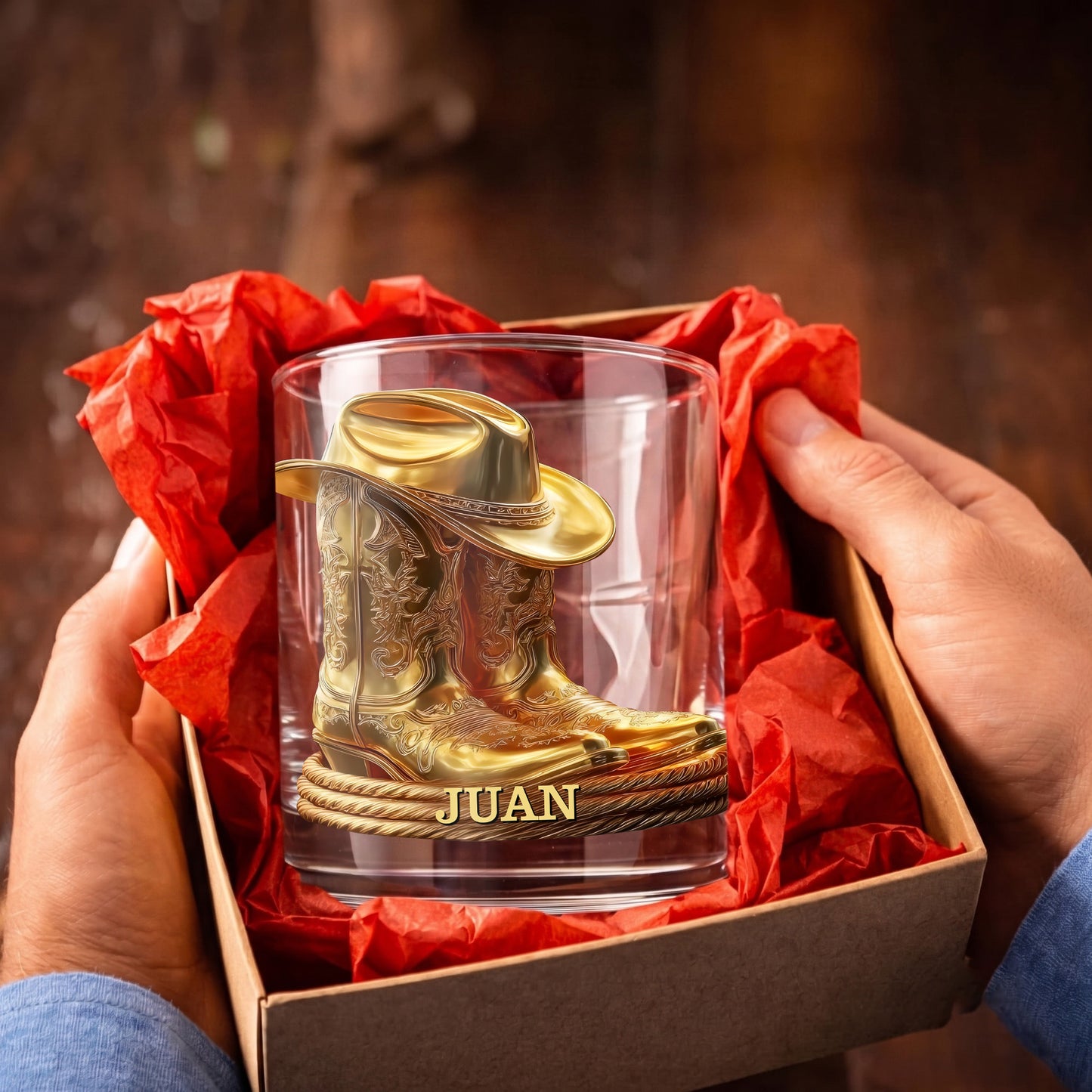 Personalized Cowboy Whiskey Glass - Western Boots Barware Gift
