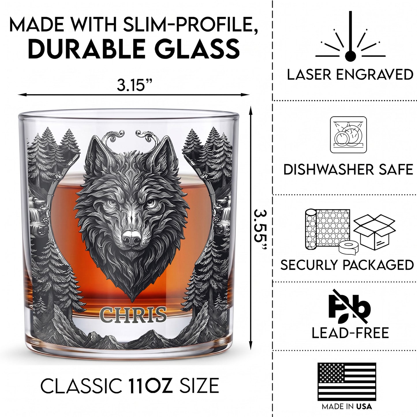 Personalized Wolf Whiskey Glass - Custom Alpha Wolf Gift