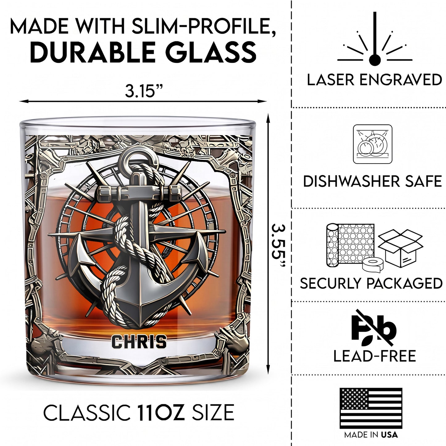 Personalized Sailor Whiskey Glass - Custom Boating & Anchor Gift