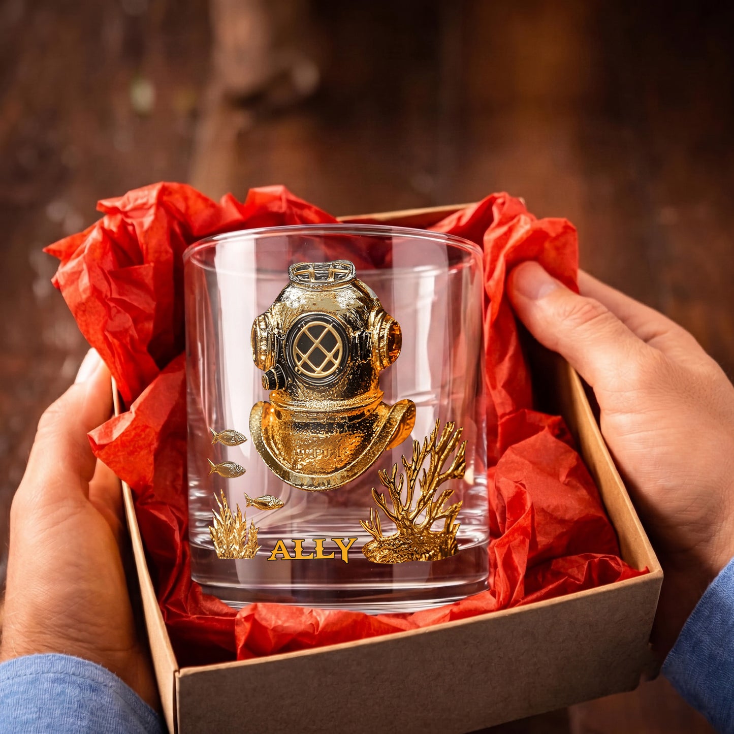 Personalized Diving Helmet Whiskey Glass - Custom Deep Sea Gift