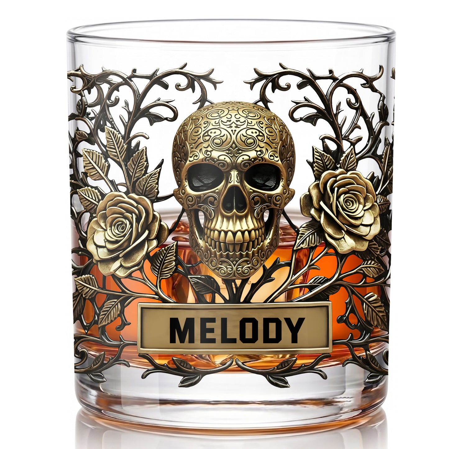 Personalized Gothic Skull Whiskey Glass - Custom Rose Barware Gift