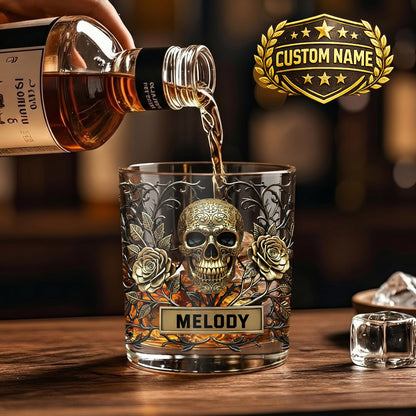 Personalized Gothic Skull Whiskey Glass - Custom Rose Barware Gift