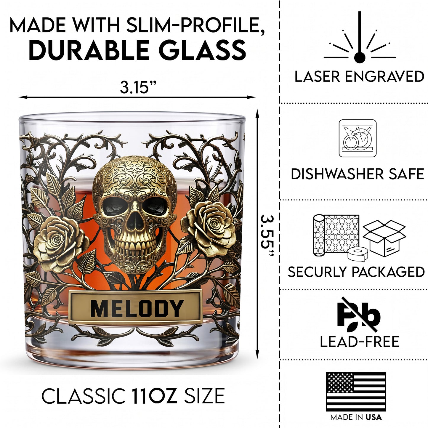 Personalized Gothic Skull Whiskey Glass - Custom Rose Barware Gift
