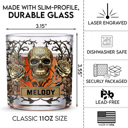 Personalized Gothic Skull Whiskey Glass - Custom Rose Barware Gift