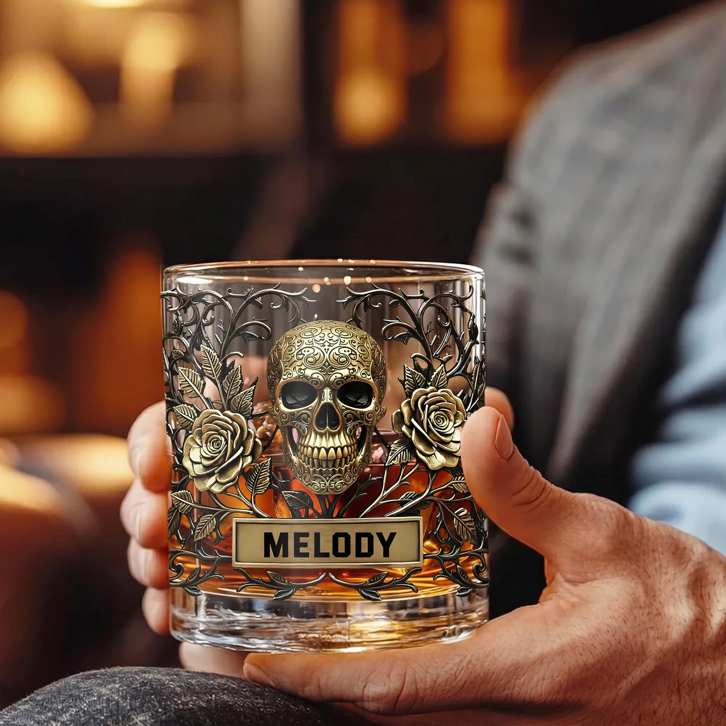 Personalized Gothic Skull Whiskey Glass - Custom Rose Barware Gift