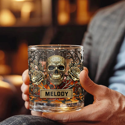Personalized Gothic Skull Whiskey Glass - Custom Rose Barware Gift
