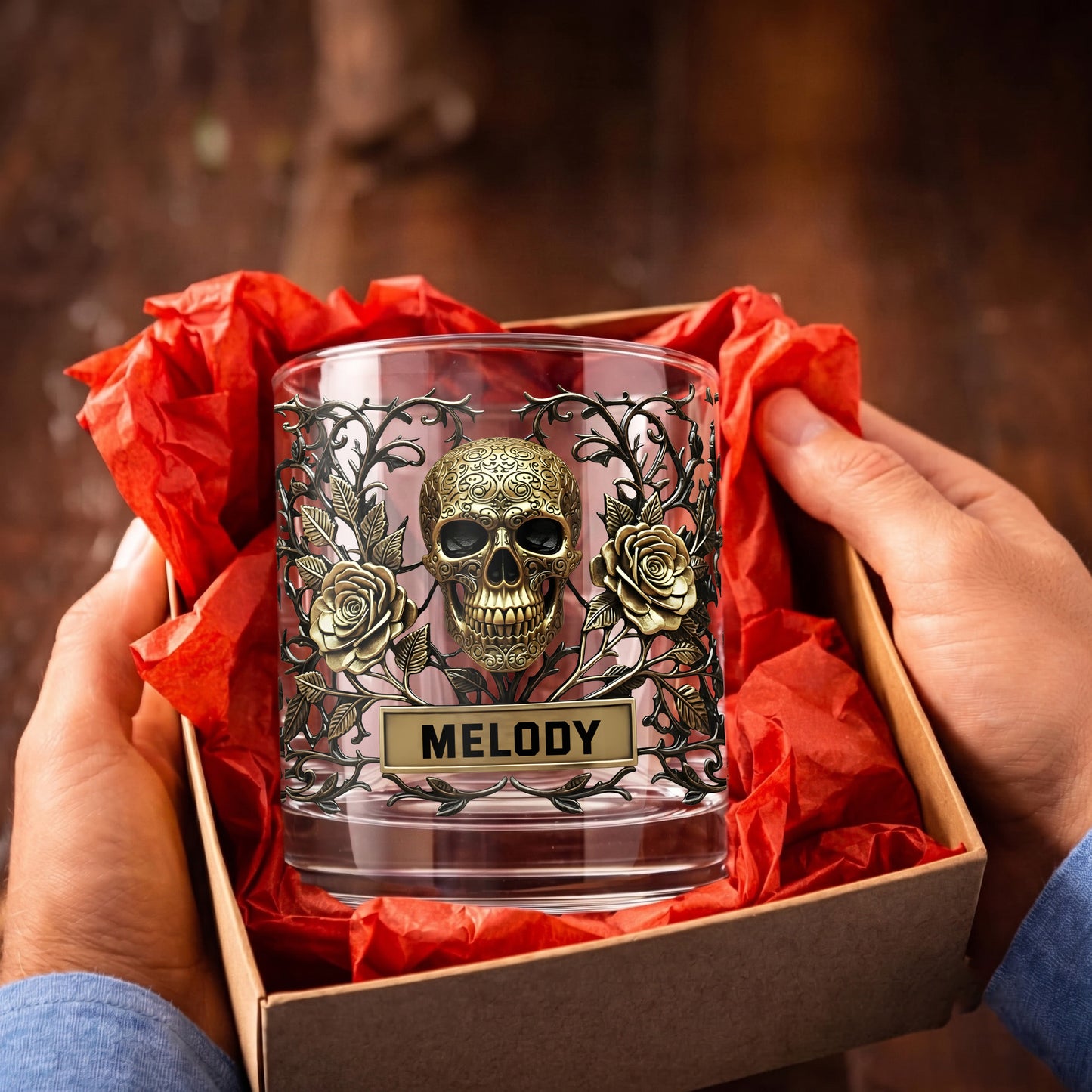 Personalized Gothic Skull Whiskey Glass - Custom Rose Barware Gift