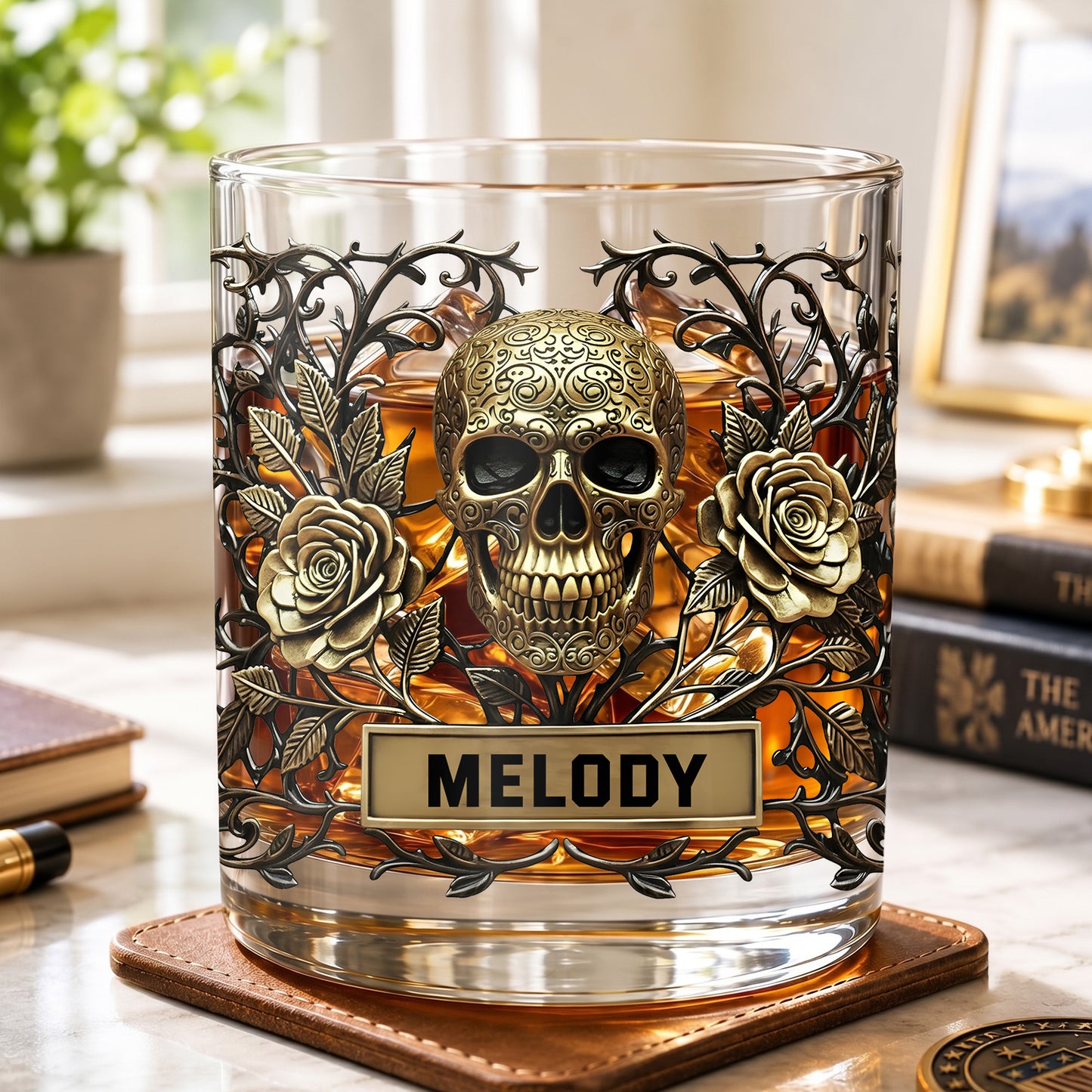 Personalized Gothic Skull Whiskey Glass - Custom Rose Barware Gift