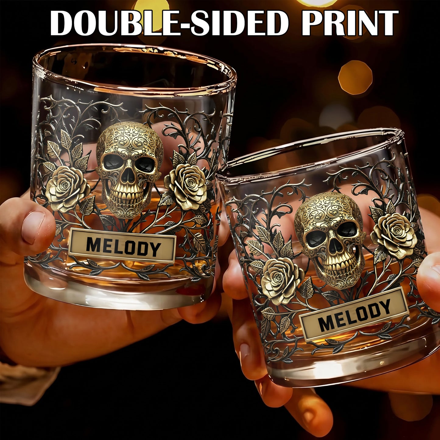 Personalized Gothic Skull Whiskey Glass - Custom Rose Barware Gift