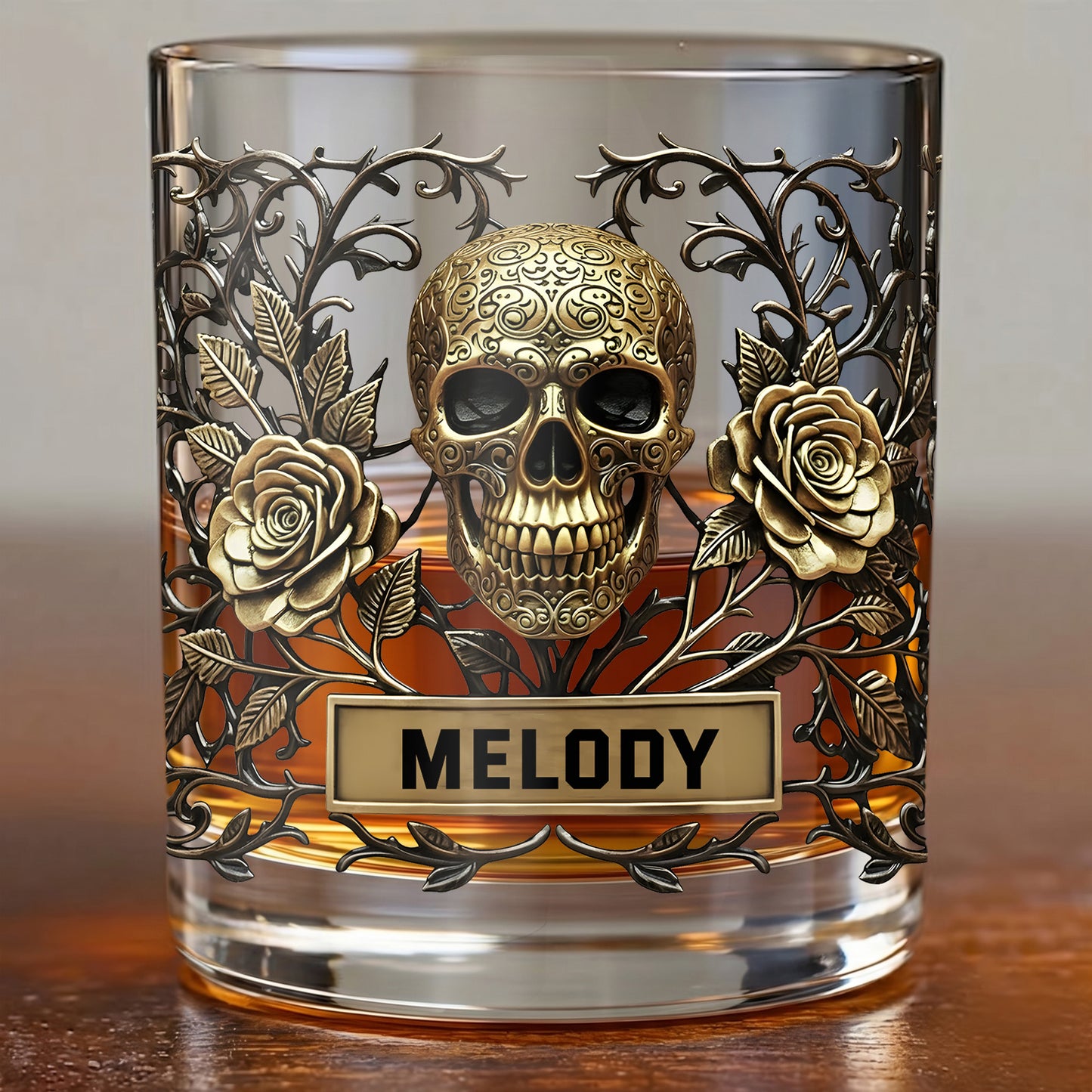 Personalized Gothic Skull Whiskey Glass - Custom Rose Barware Gift