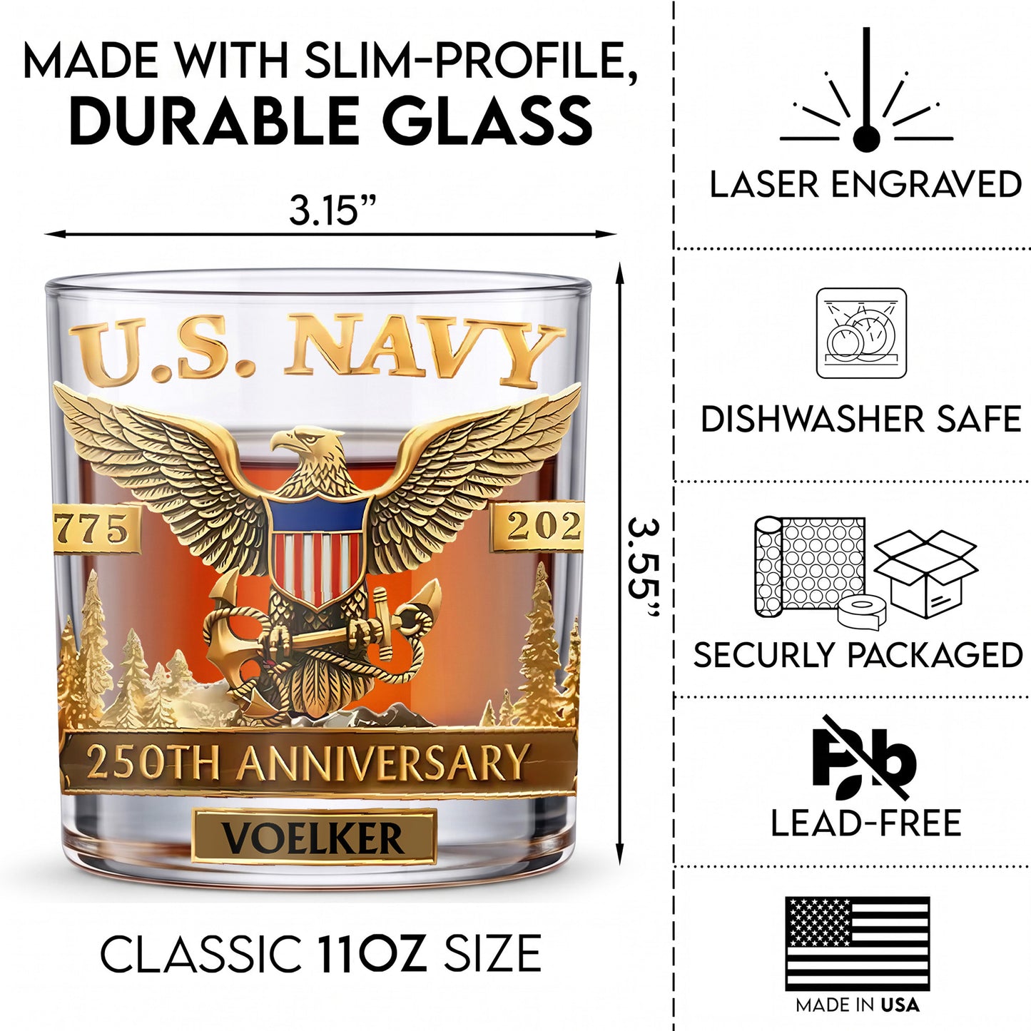 Personalized US Navy Whiskey Glass - 250th Anniversary Gift