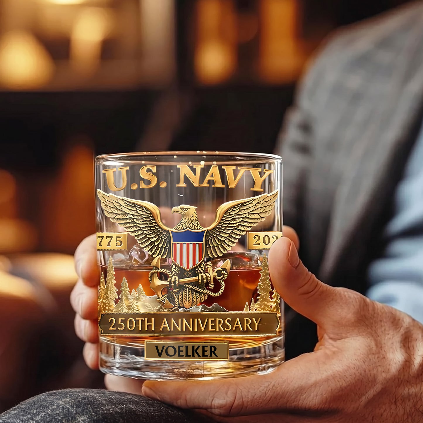 Personalized US Navy Whiskey Glass - 250th Anniversary Gift